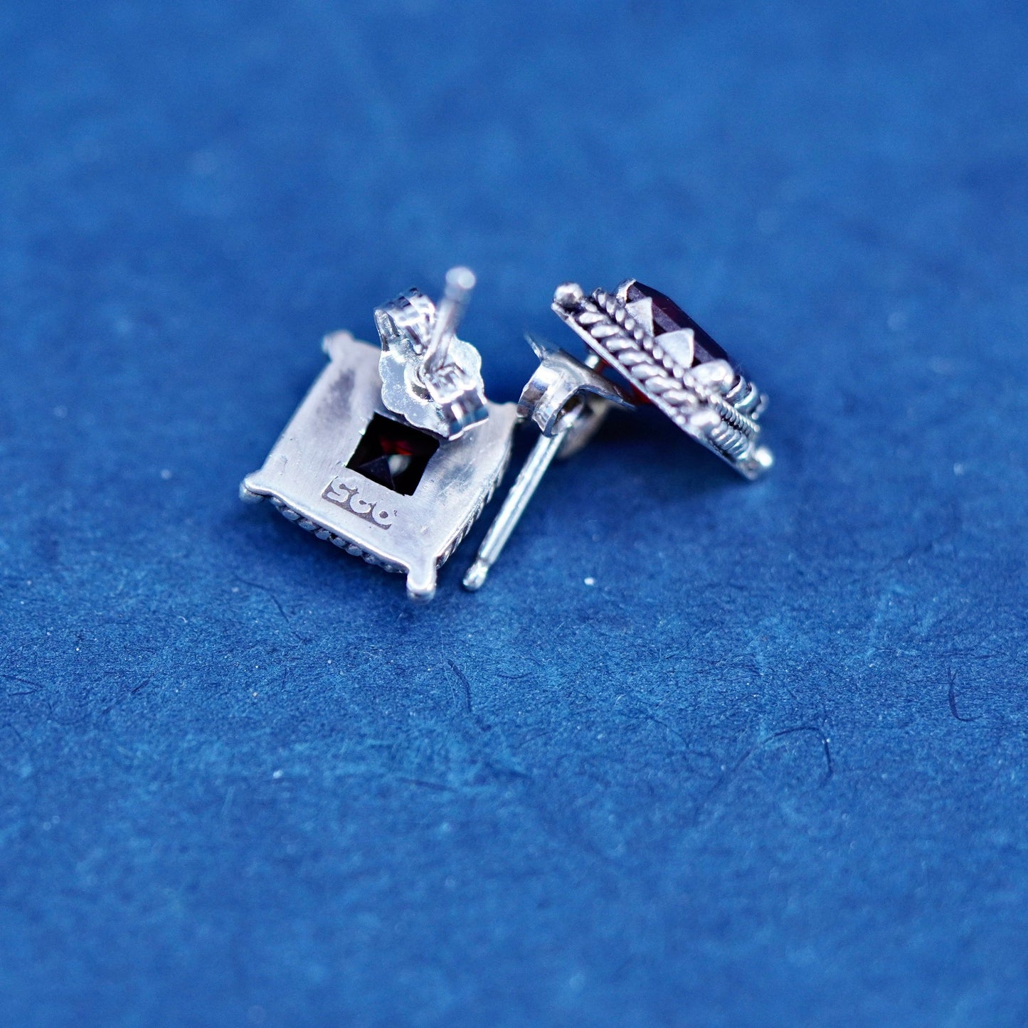 Vintage Sterling silver handmade earrings, 925 square studs with ruby