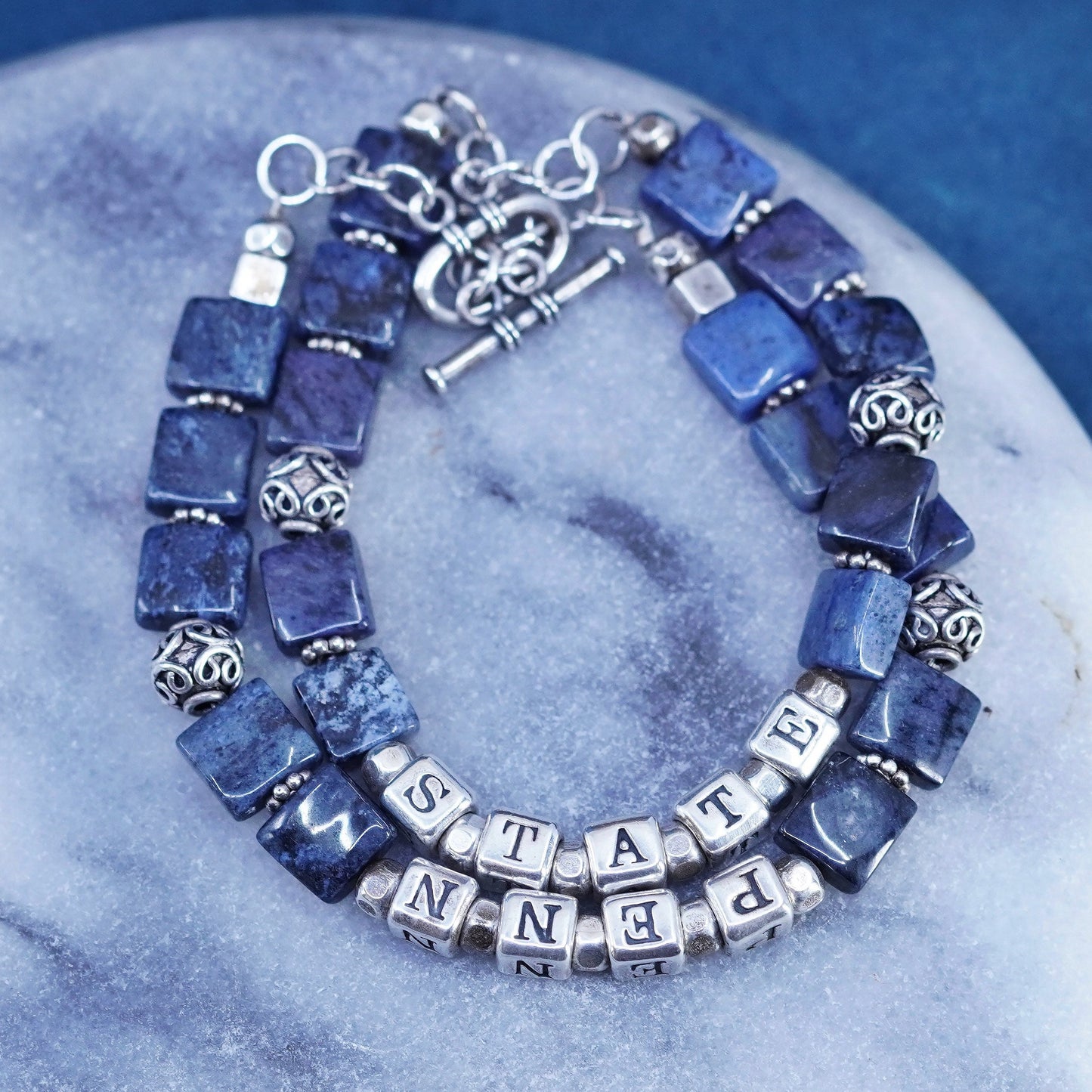 6.75”, Sterling silver handmade name “state penn” cube bracelet sodalite beads
