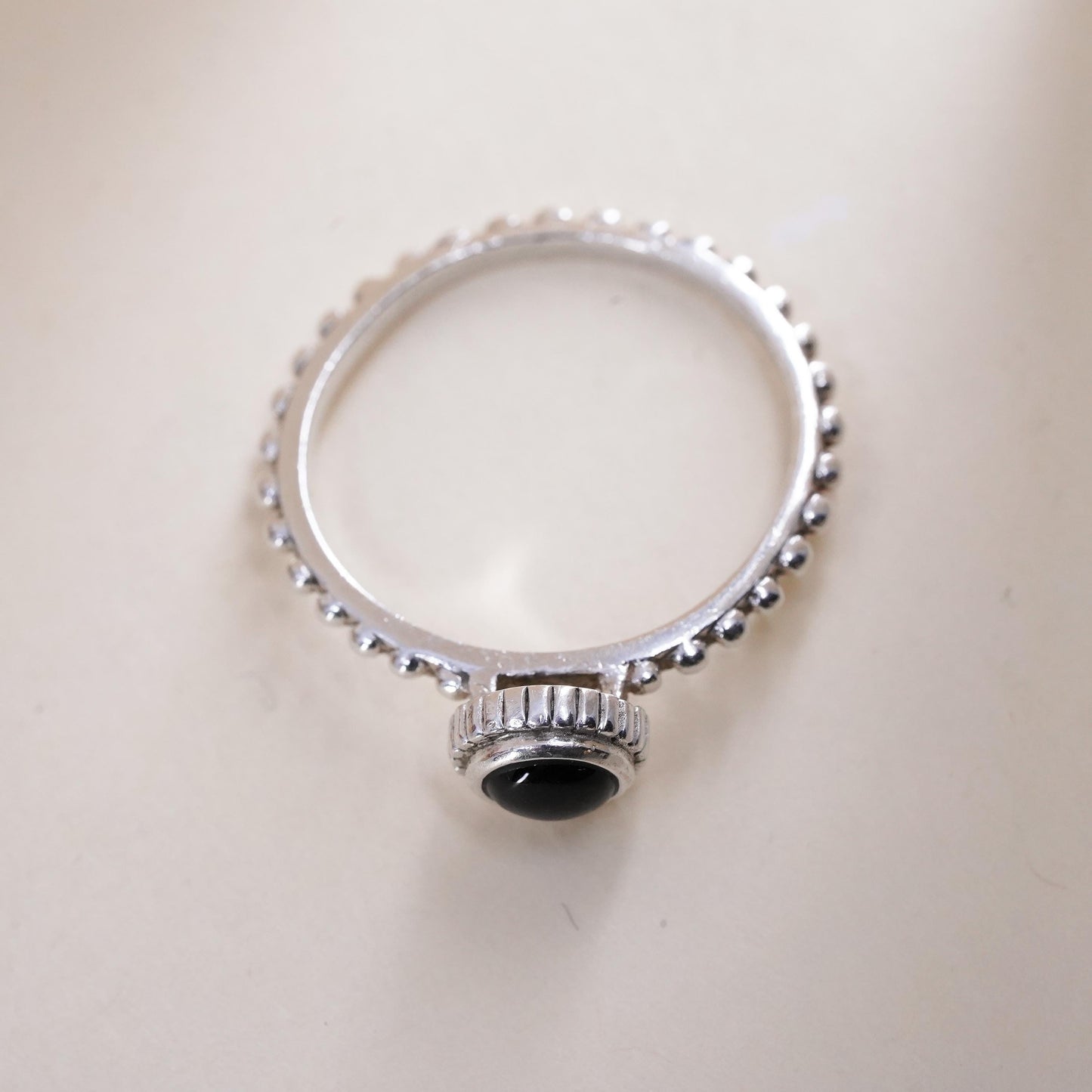 Size 8, Vintage sterling 925 silver handmade ring, stackable band with onyx