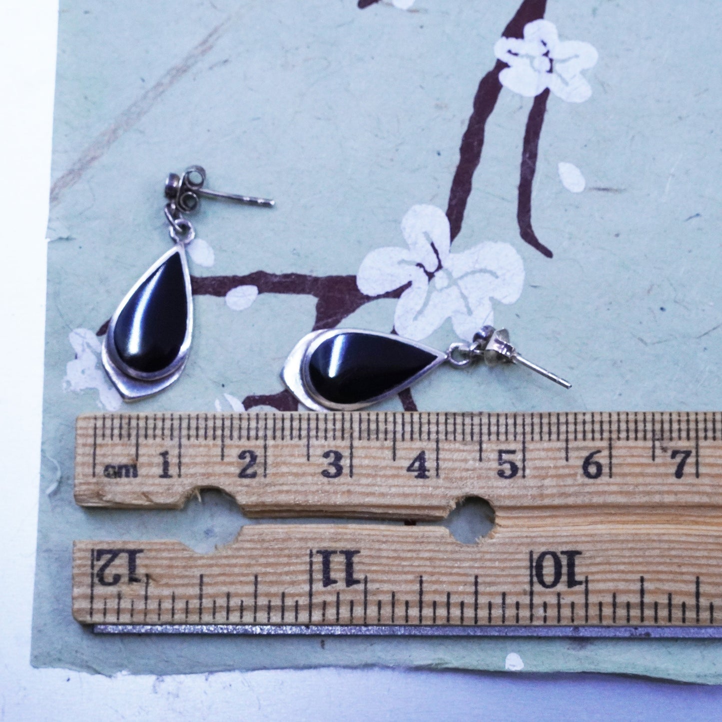 vtg sterling 925 silver earrings, teardrop black onyx, handmade southwestern