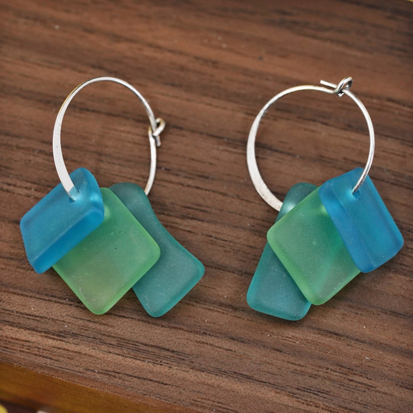 Vintage Sterling silver 925 handmade earrings with green sea washed glass