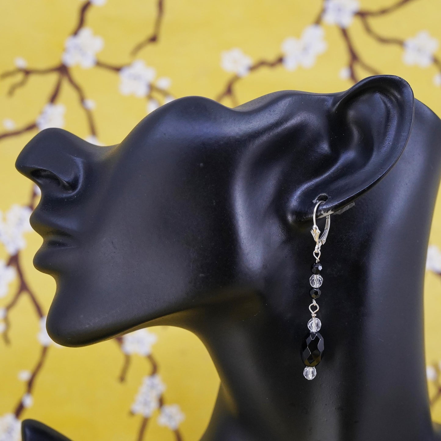 Vintage Sterling 925 silver handmade earrings with obsidian crystal lever back