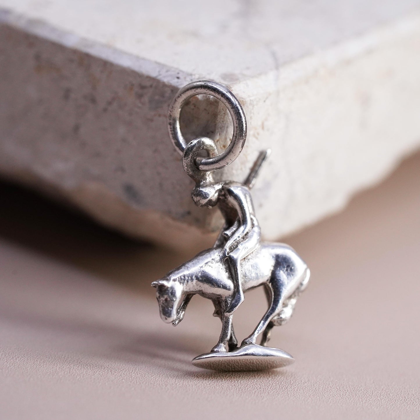 Vintage sterling silver handmade pendant, 925 tired horse and rider charm