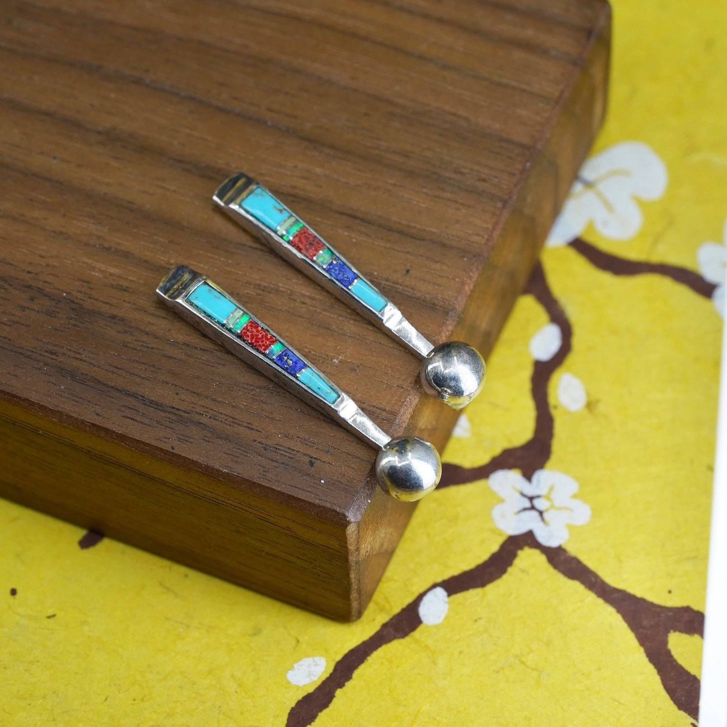 Native American sterling silver earrings, zuni 925 teardrop turquoise opal