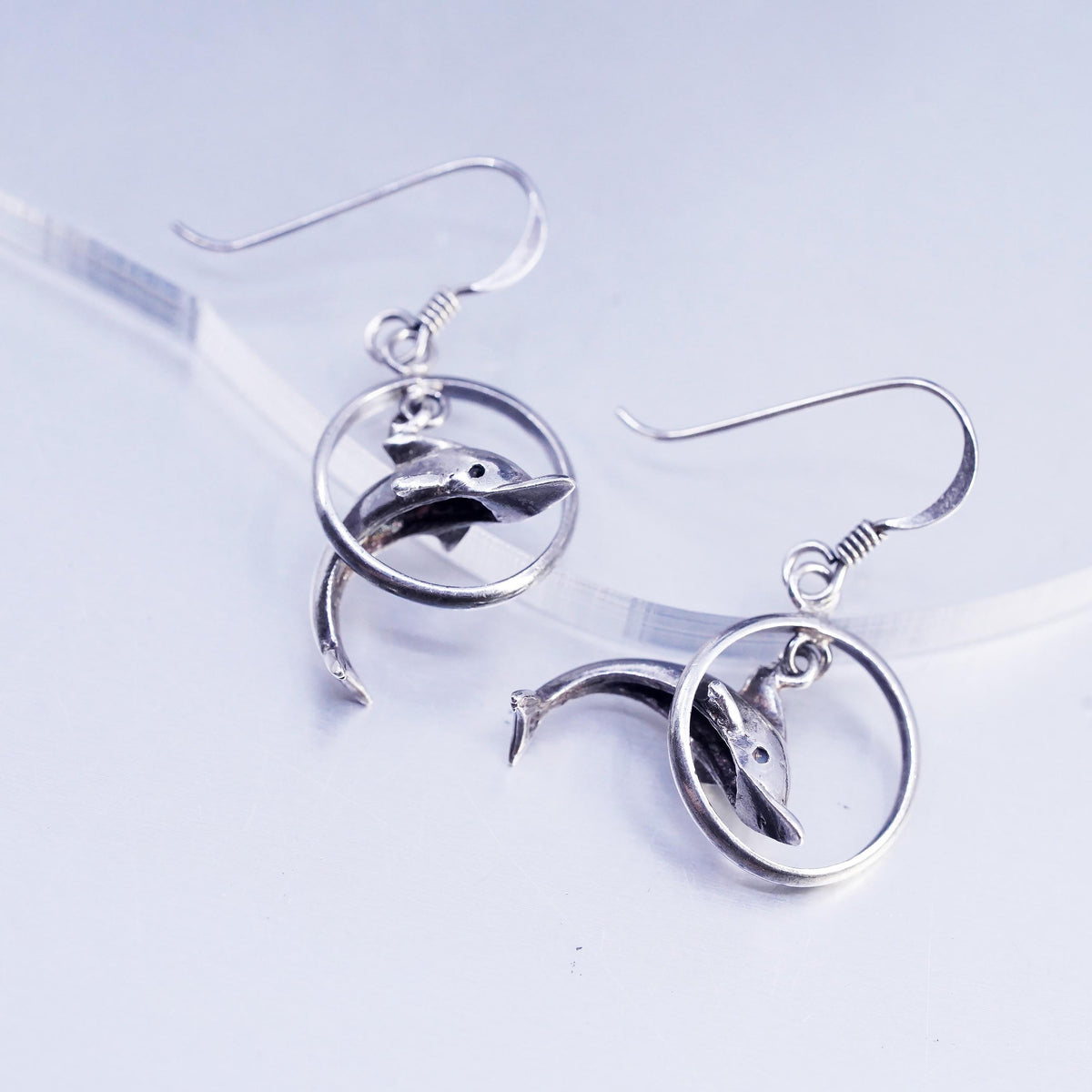 Sterling Silver Dolphin Hoop Earrings, 925 3D Dolphin Dangle, Ocean Marine