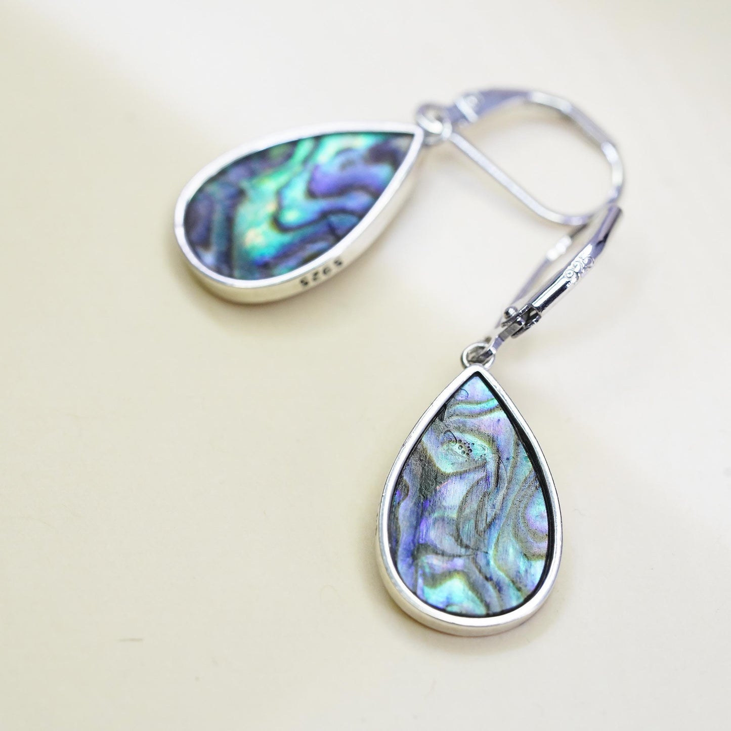 Vintage Mexico sterling 925 silver handmade teardrop earrings w/ abalone inlay