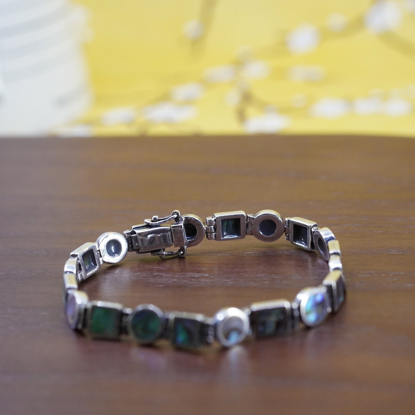 6.25”, vintage Sterling 925 silver tennis bracelet with abalone inlay