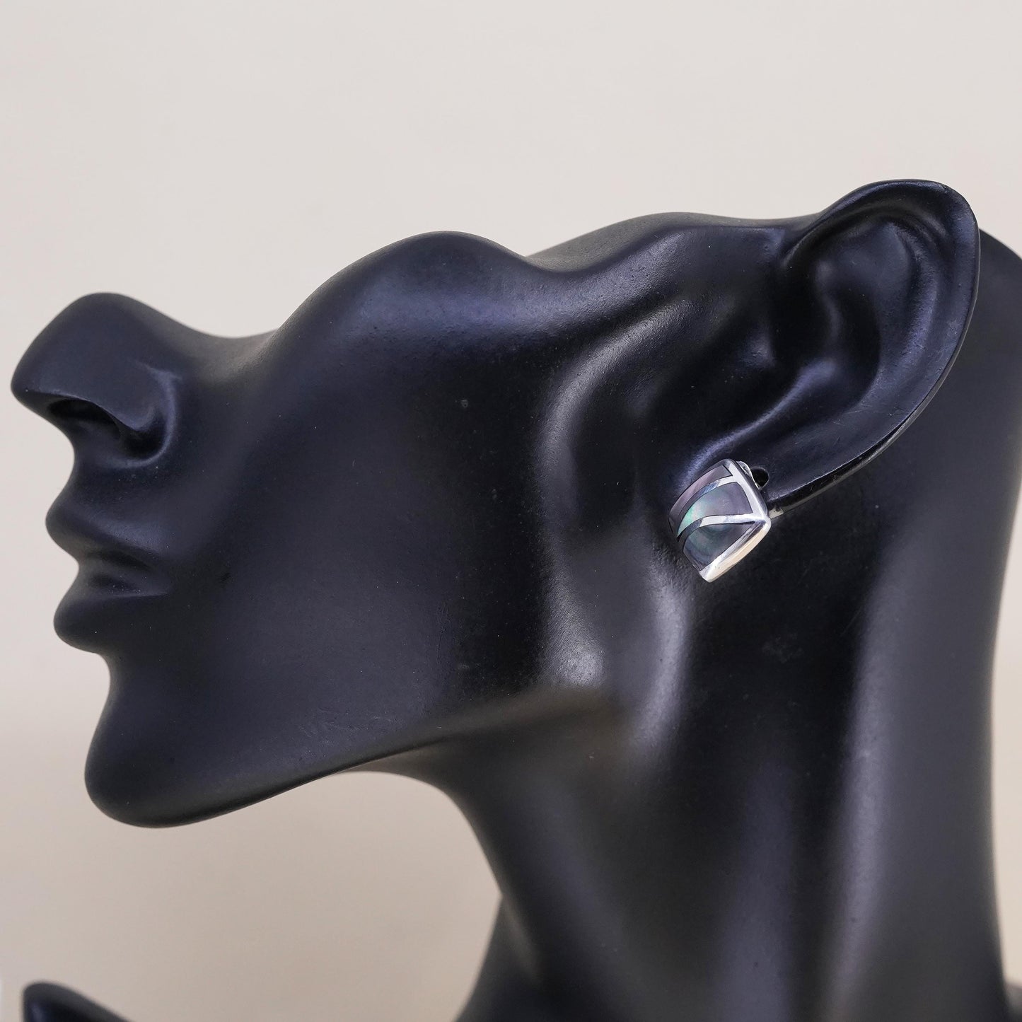 Vintage sterling silver handmade earrings, 925 square studs with abalone inlay