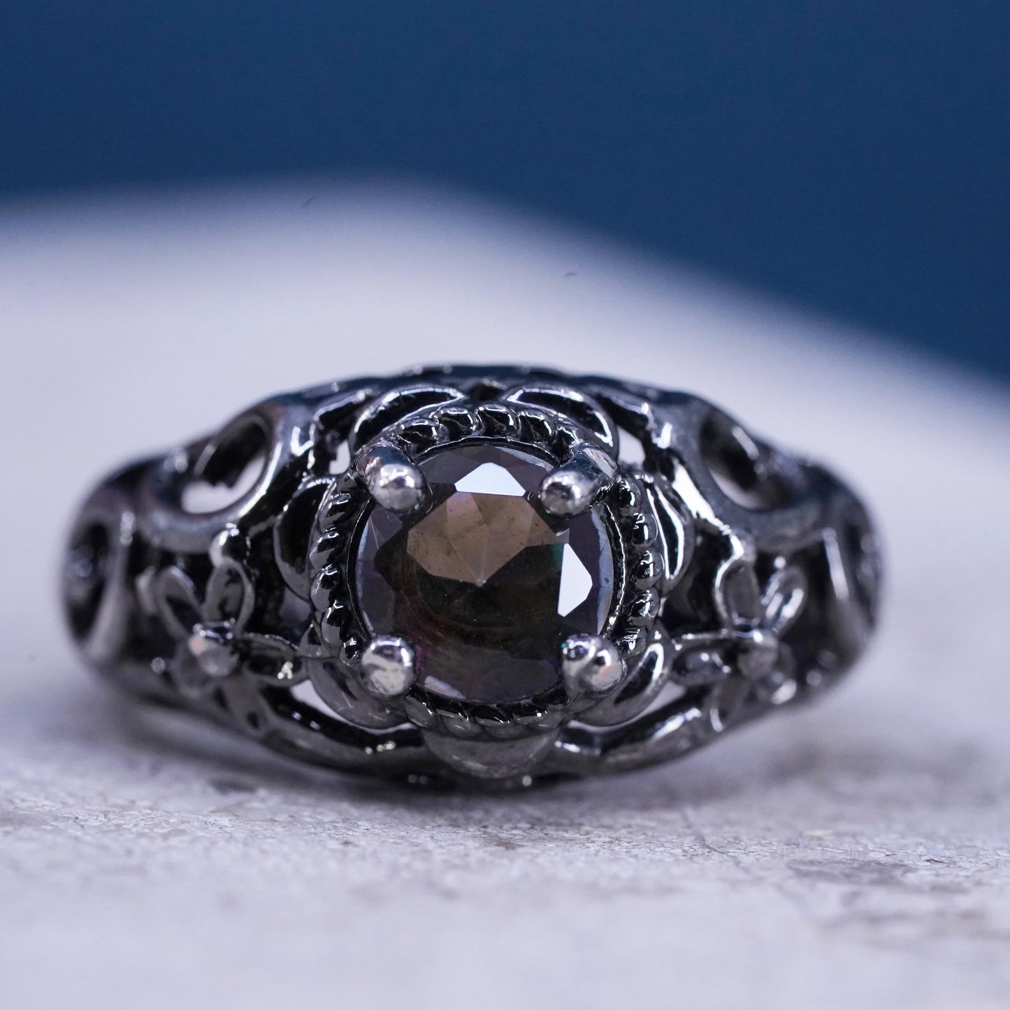 Size 5, vintage oxidized sterling 925 silver handmade ring with rainbow topaz