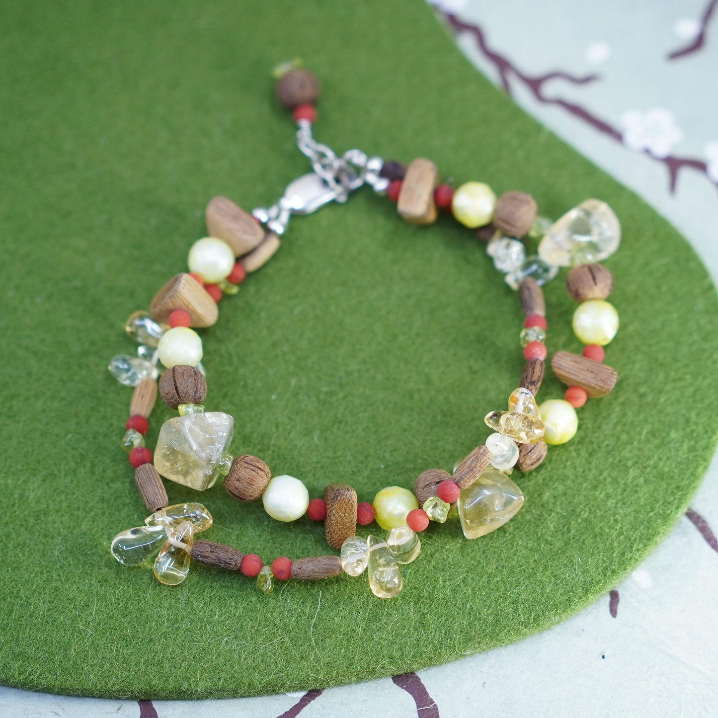 7+1”, 925 Sterling silver double strands bracelet citrine coral wooden beads