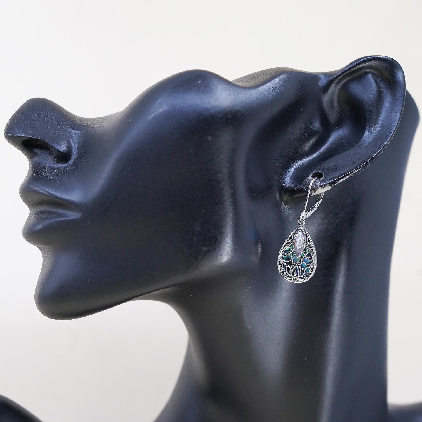 Vintage Mexico sterling 925 silver handmade teardrop earrings w/ abalone inlay