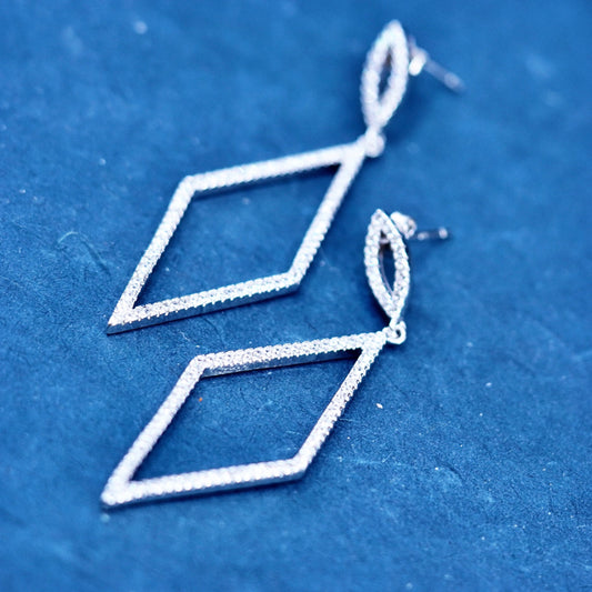 Vintage Sterling silver earrings, 925 diamond shaped dangles with cluster cz