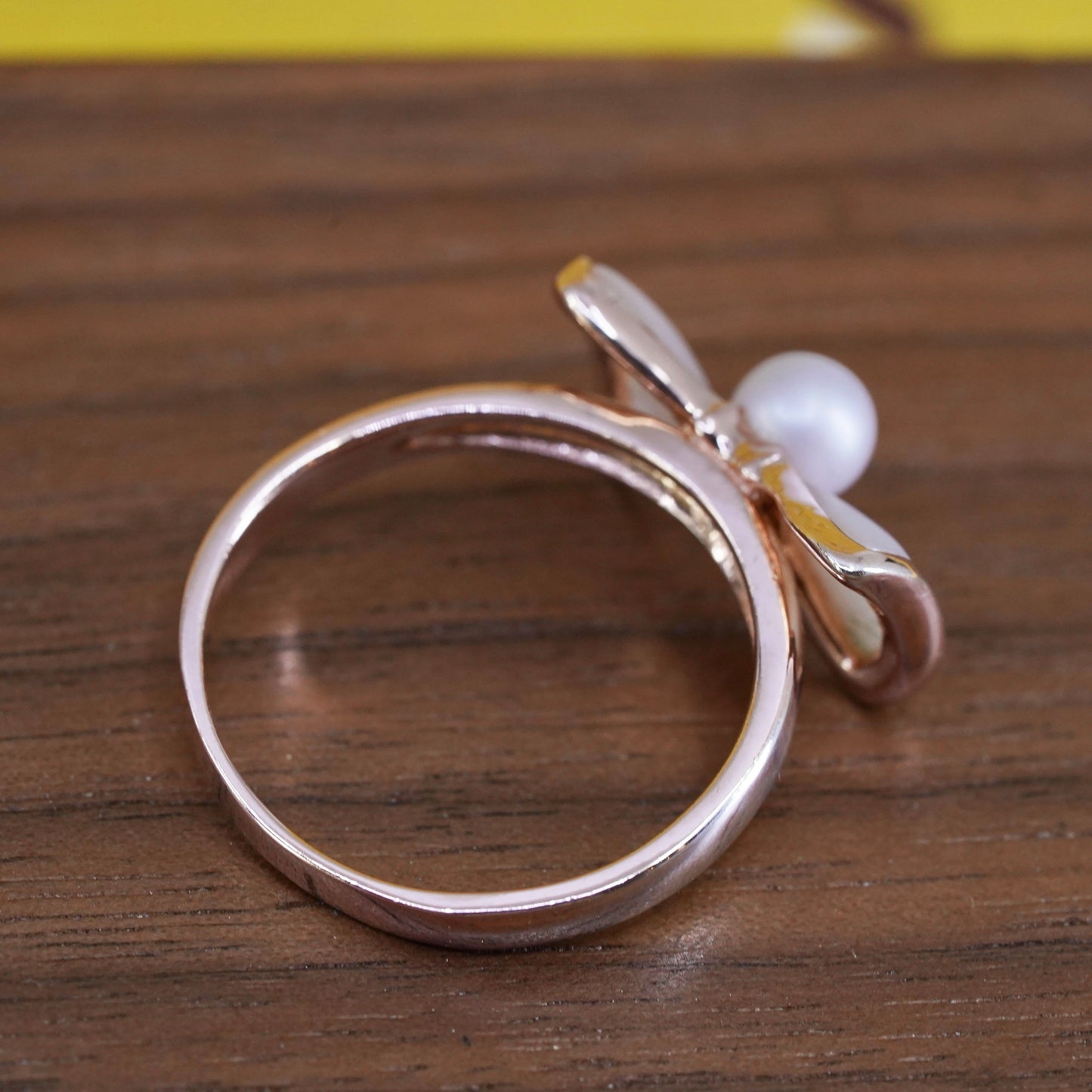 Size 9.25, vermeil rose gold Sterling 925 silver ribbon bow tie ring with pearl
