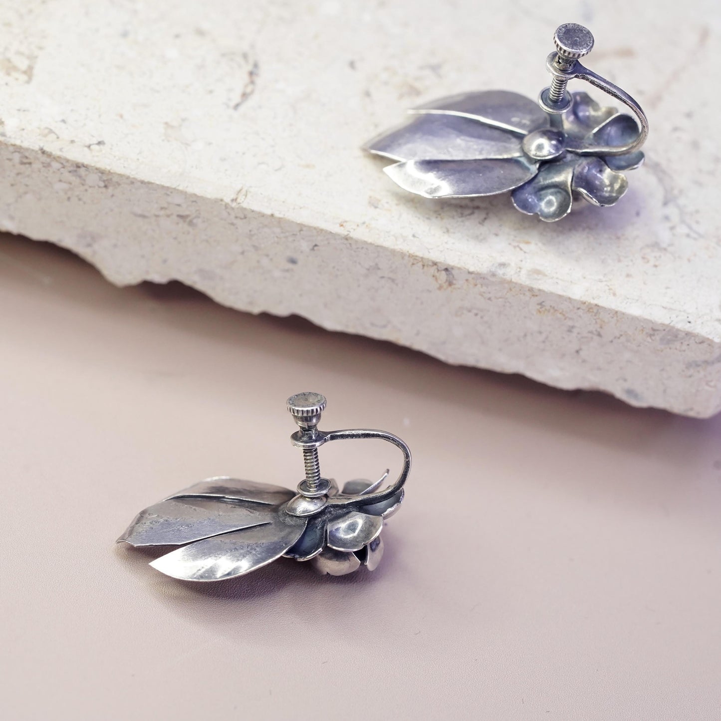 Vintage Sterling silver handmade earrings, 925 screw back flower