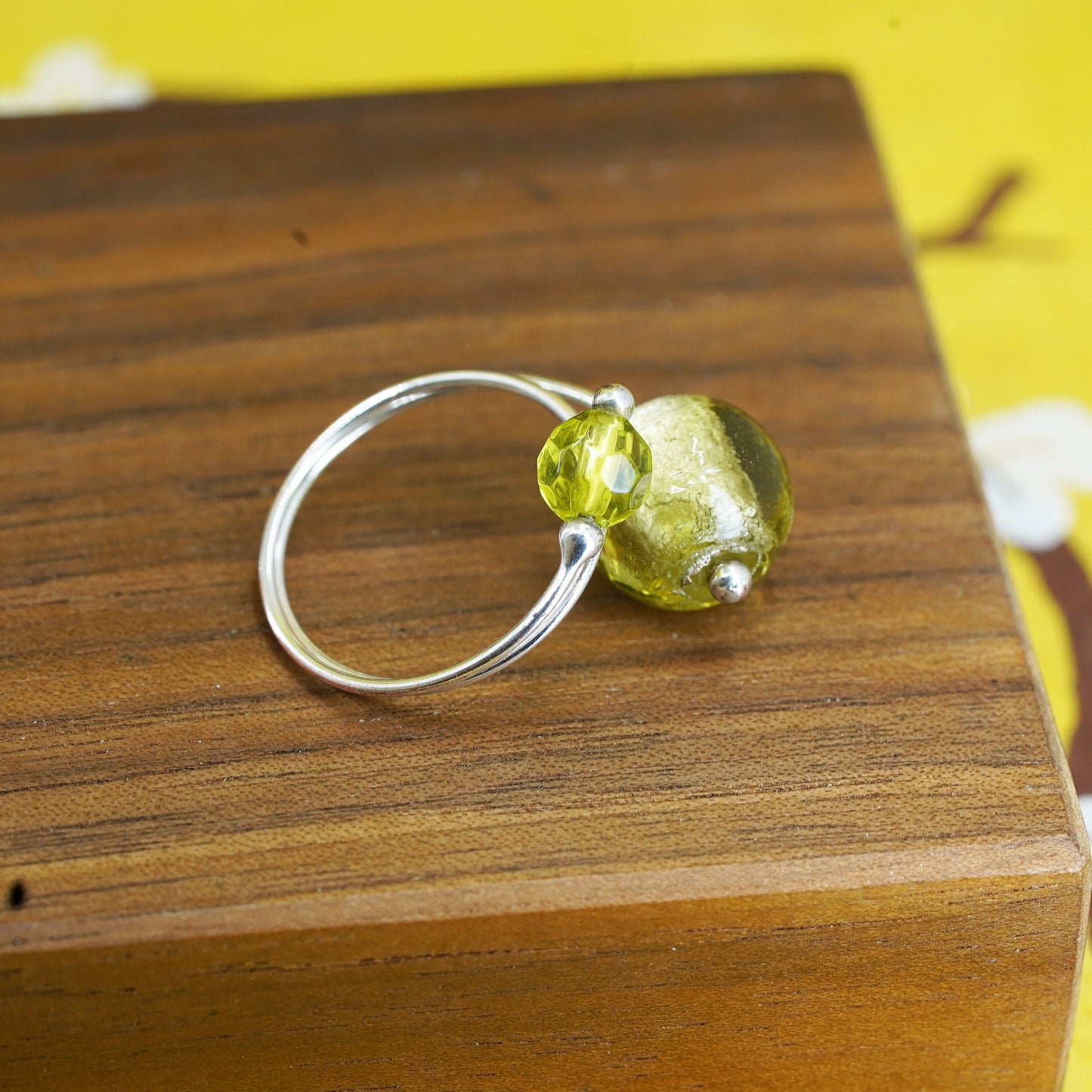 Size 6, Sterling silver handmade ring, southwestern 925 with green foiled glass