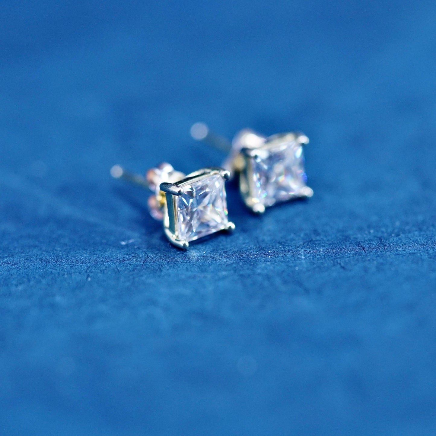 vermeil gold over sterling silver earrings, square 925 square studs CZ inlay