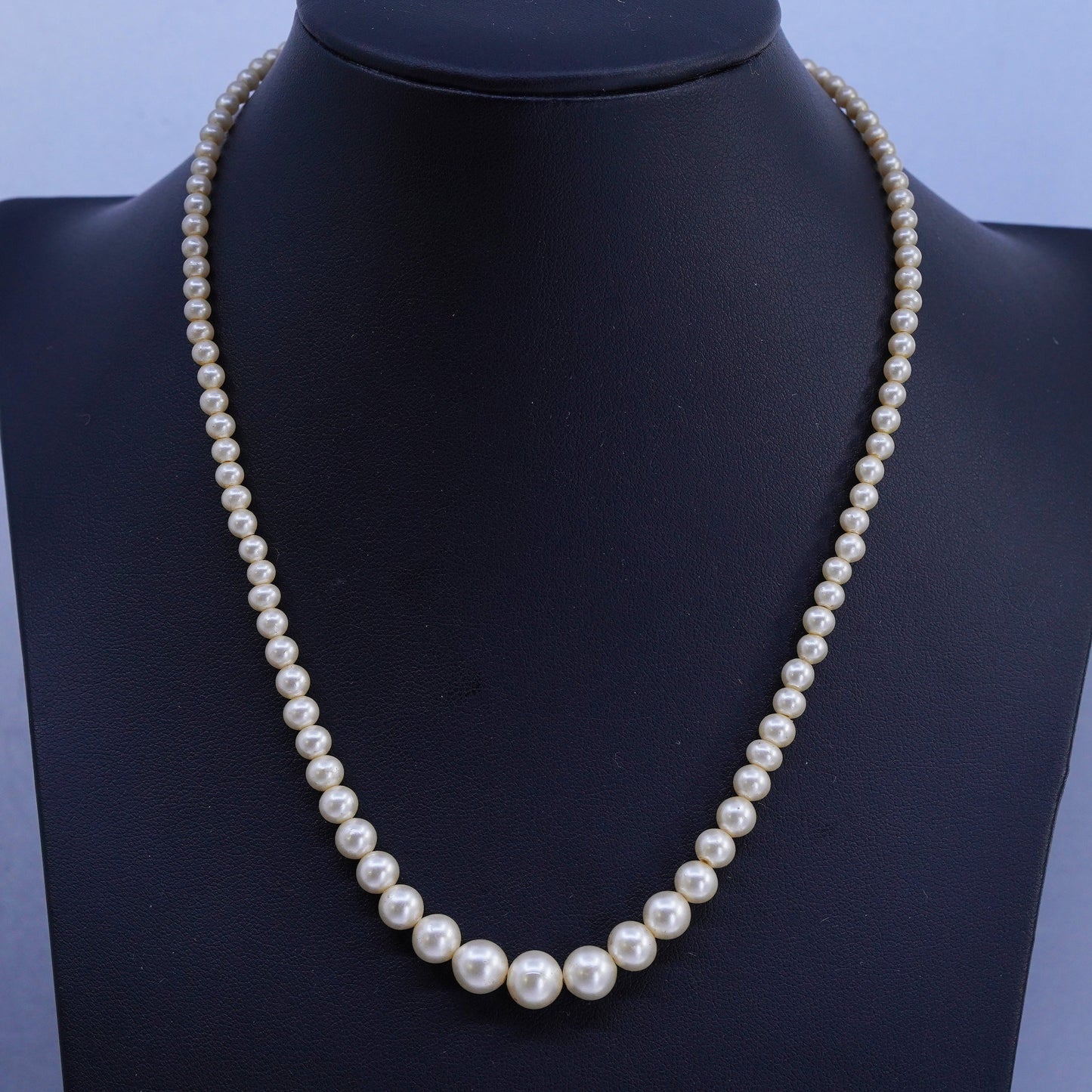 16”, vintage 1940s graduated faux pearl necklace with Sterling 925 silver clasp