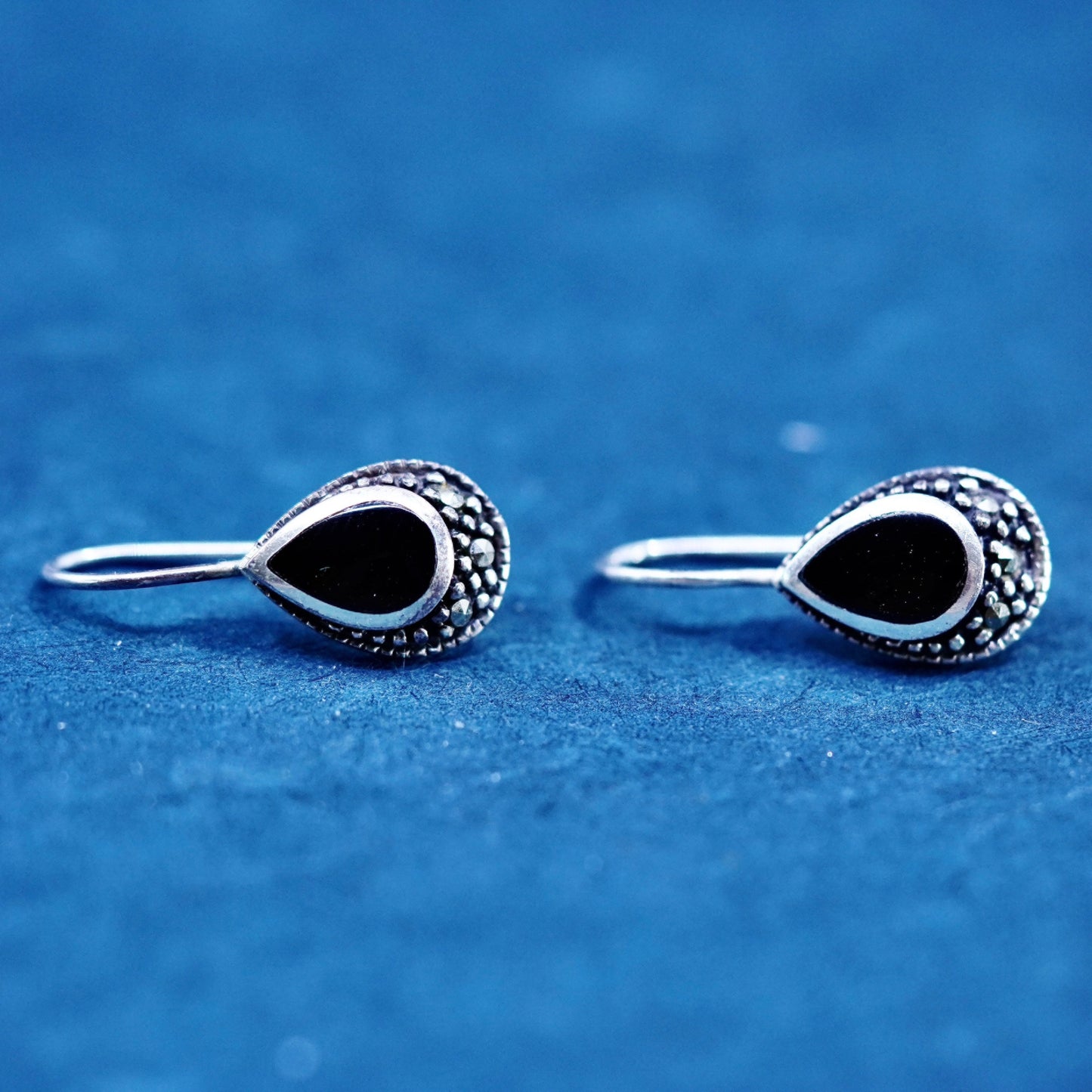 sterling 925 silver handmade teardrop earrings with obsidian and marcasite