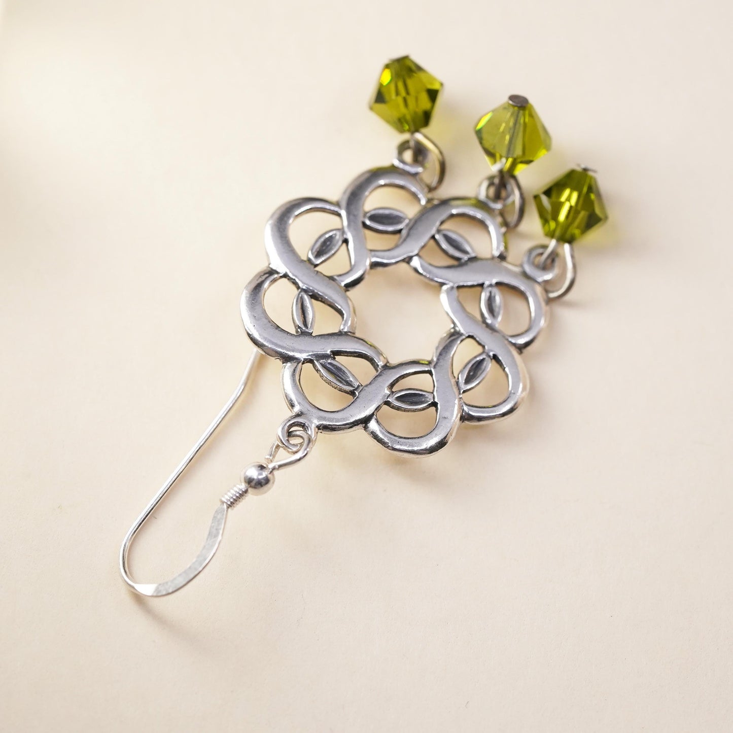 sterling silver single earring, 925 silver Irish Celtic knot peridot dangles