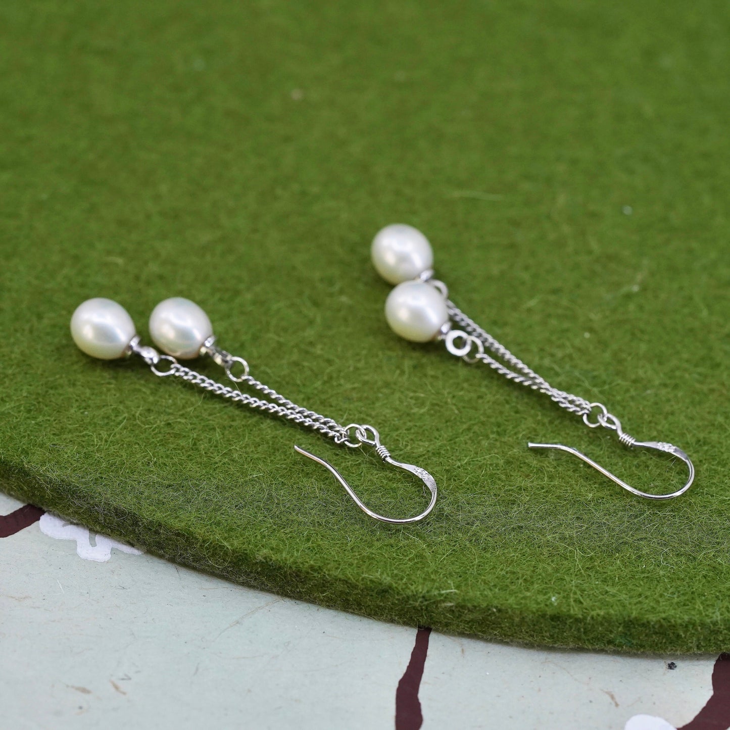 vintage Sterling 925 silver handmade earrings with oval freshwater pearl