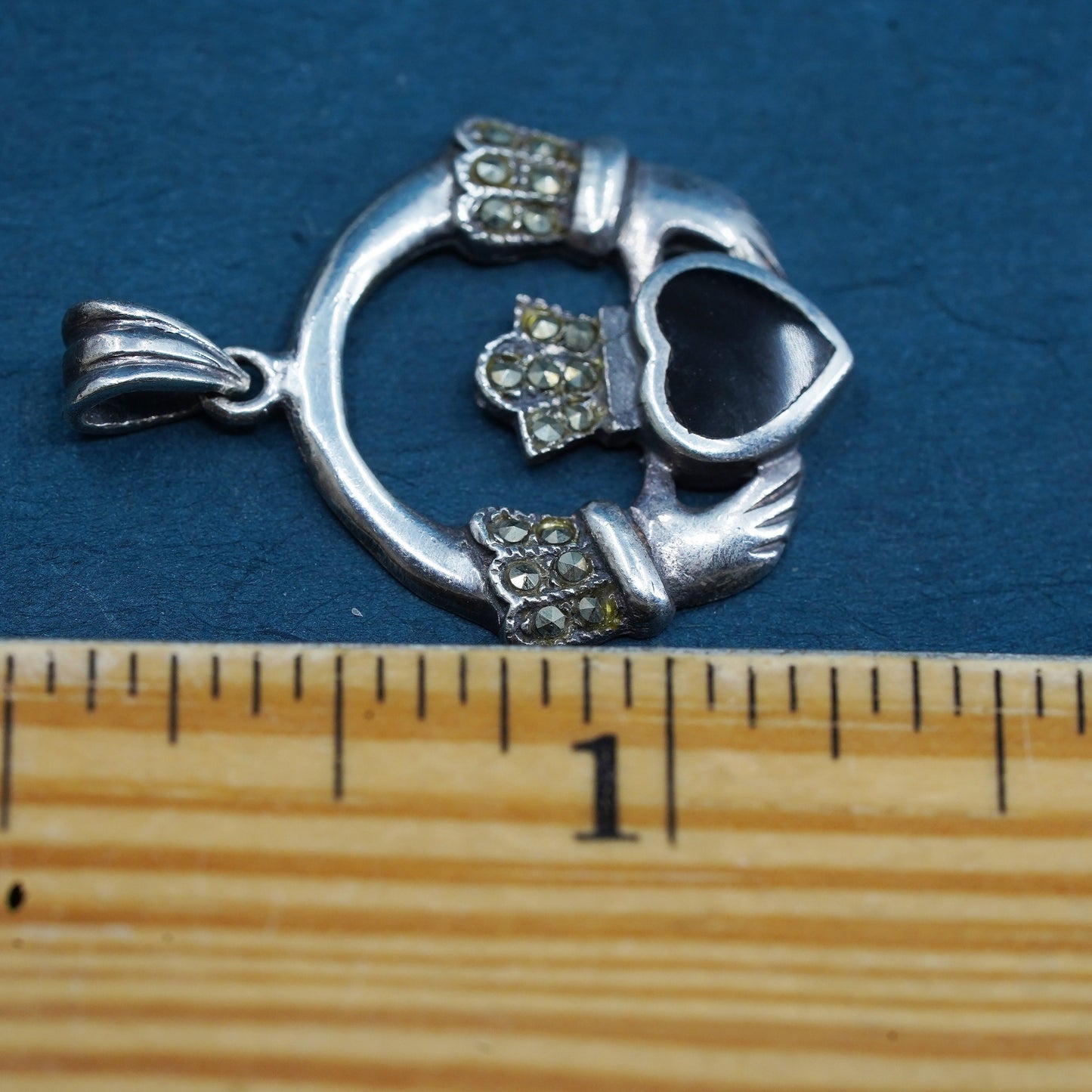 Sterling silver pendant onyx marcasite, 925 Irish claddagh holding heart charm
