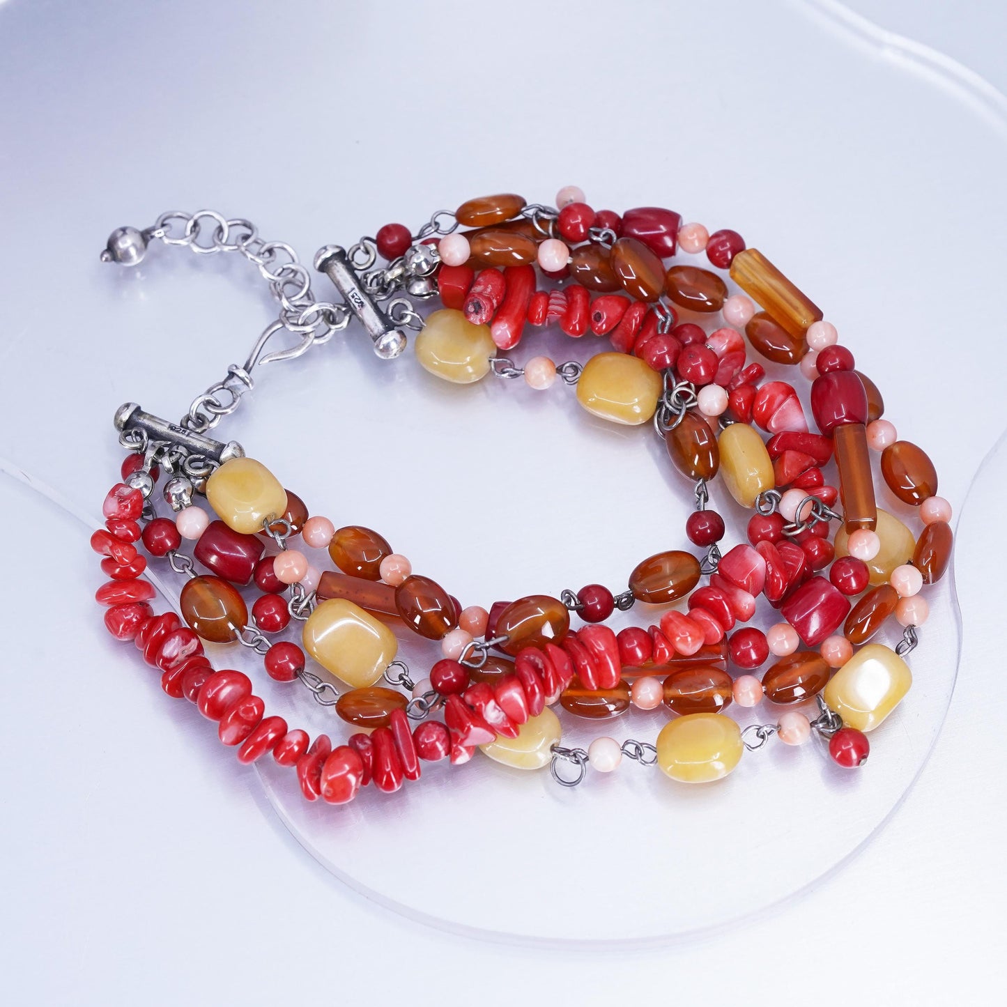 8+1”, Sterling 925 silver multi strands beaded bracelet agate coral carnelian