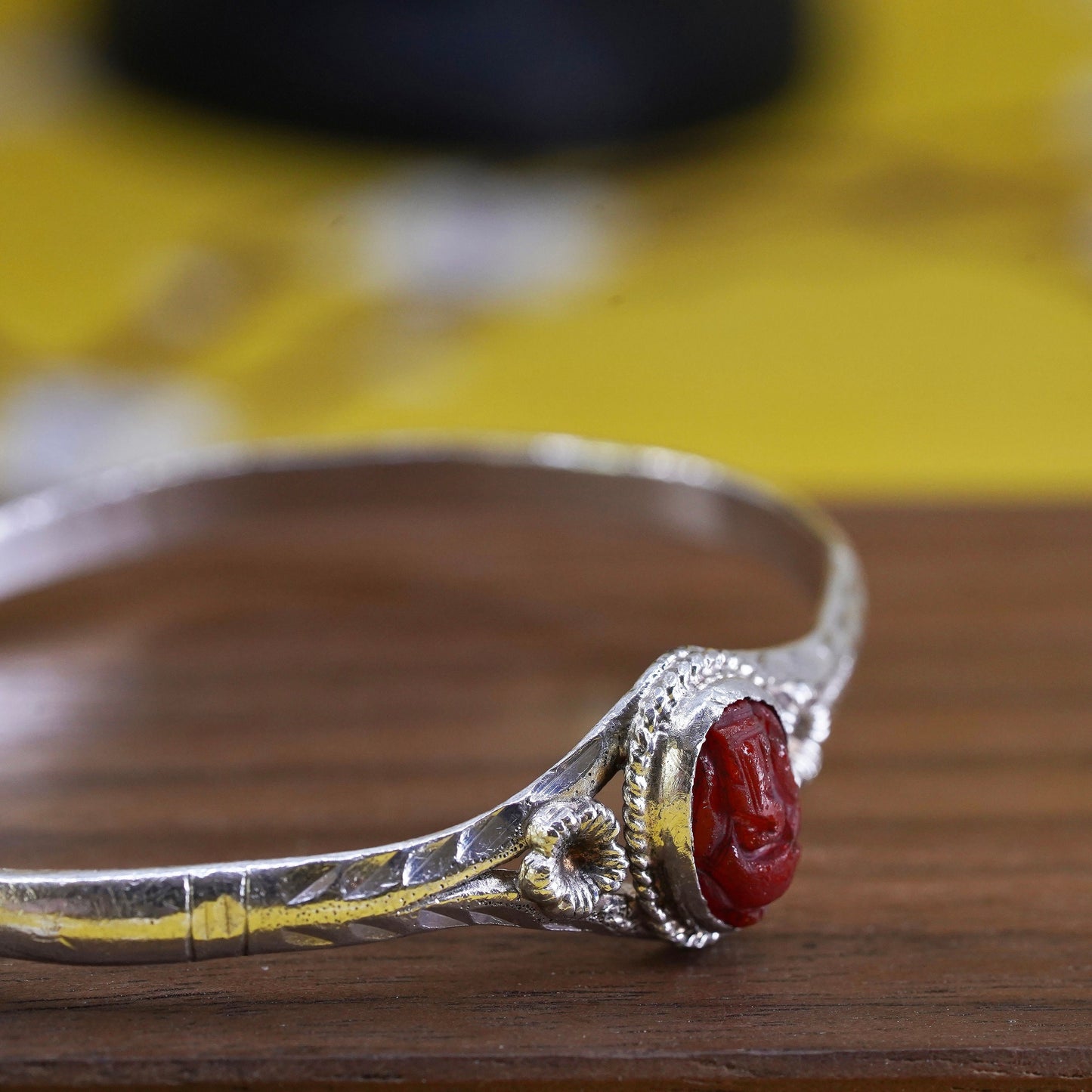 Vintage Sterling silver handmade bracelet, 925 baby bangle with carved cinnabar