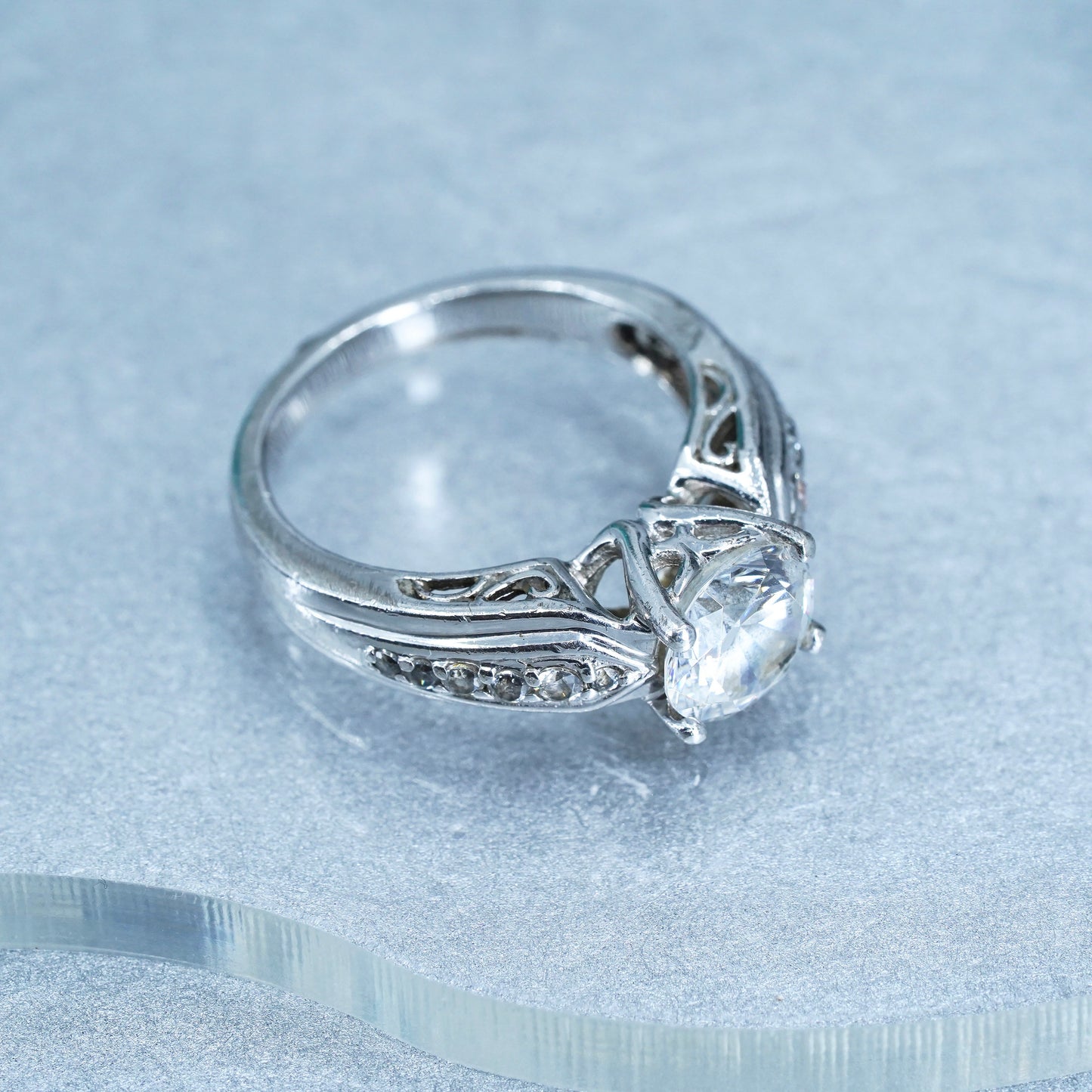 Size 7, vintage Sterling 925 silver handmade engagement ring with cluster Cz