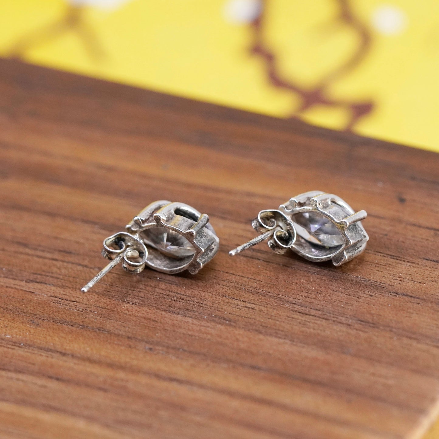 vintage Sterling silver 925 clear marquise shaped crystal studs, cz earrings