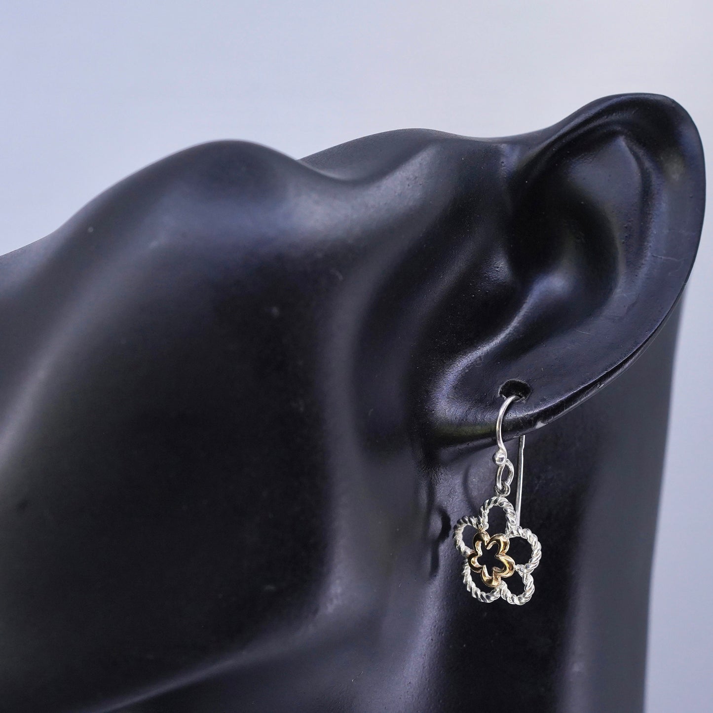 Vintage two tone Sterling 925 silver handmade earrings, flower dangles