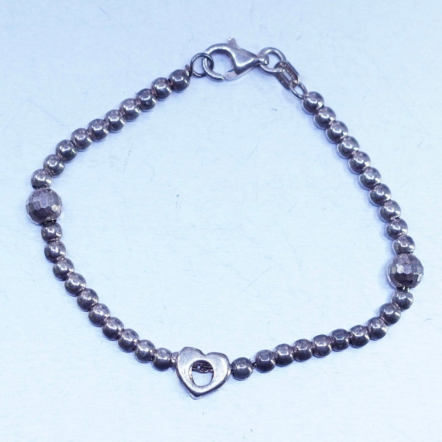 5.5”, Vintage Sterling 925 silver handmade bead bracelet chain with heart charm
