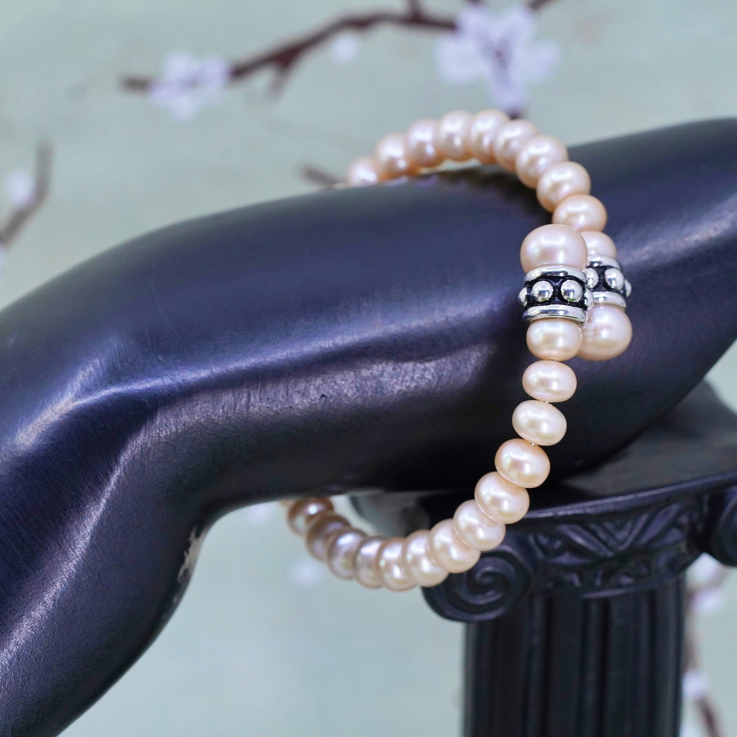 6.5”, vintage sterling silver bracelet, 925 cuff wrap bangle with 8mm pearl