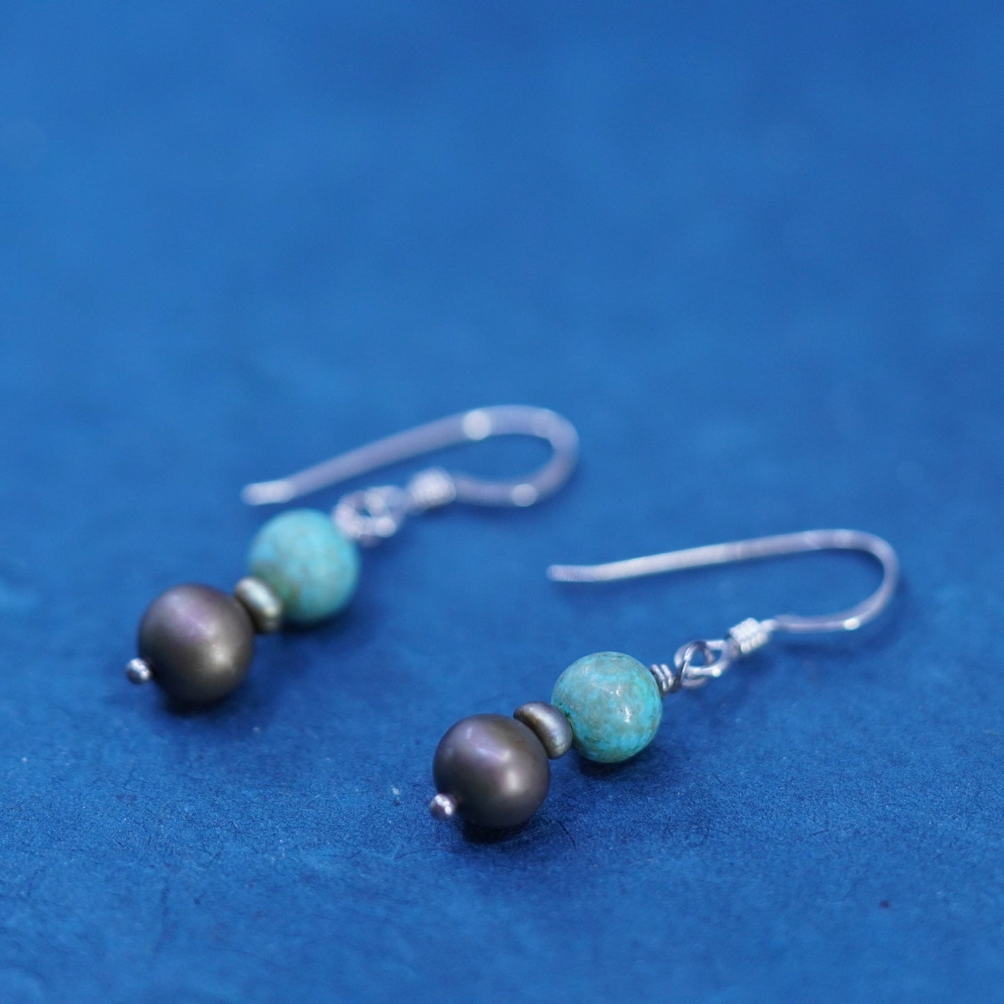 Vintage sterling 925 silver handmade earrings with pearl turquoise beads