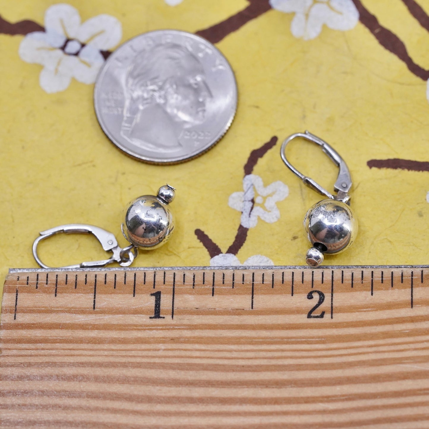 Vintage Mexican Sterling 925 silver handmade earrings with 9mm beads drops