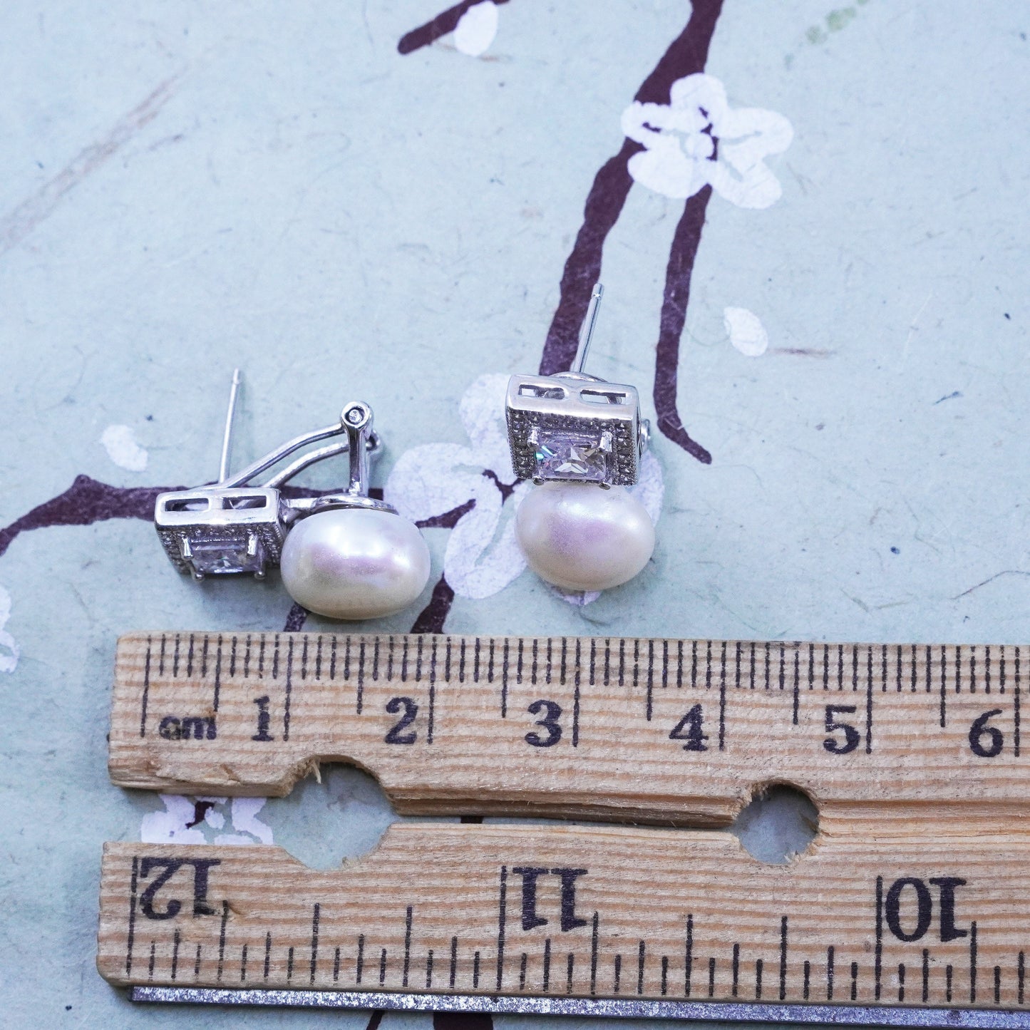 Vintage sterling silver earrings, 925 studs with pearl and cz