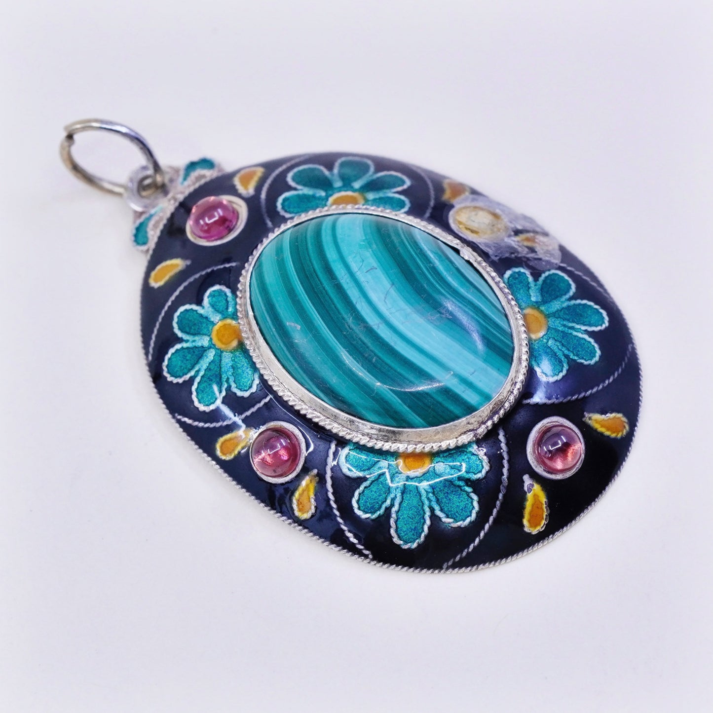 vermeil gold over sterling silver handmade pendant, 925 enamel oval malachite