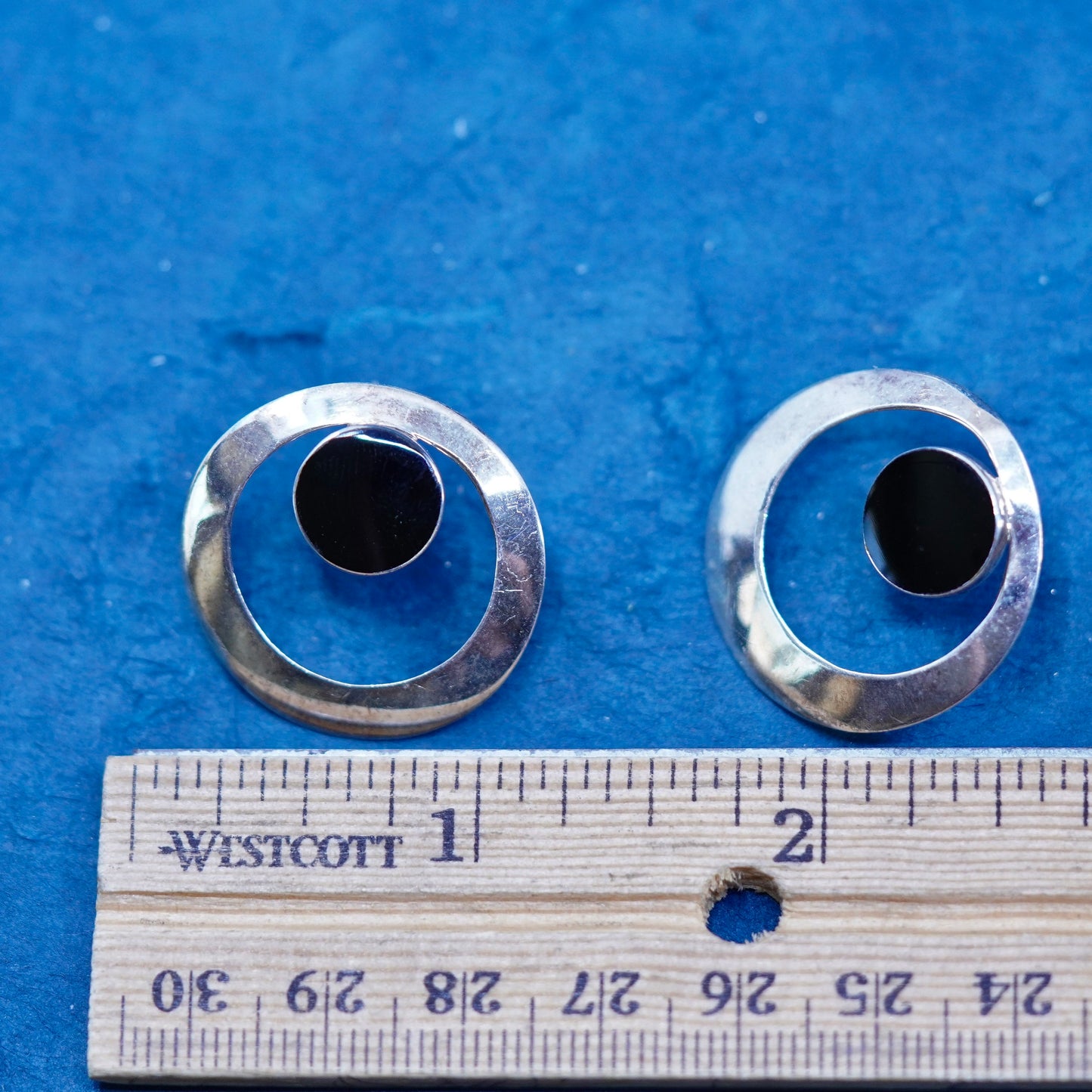 vintage Sterling silver handmade circle earrings, 925 huggie studs with onyx inlay