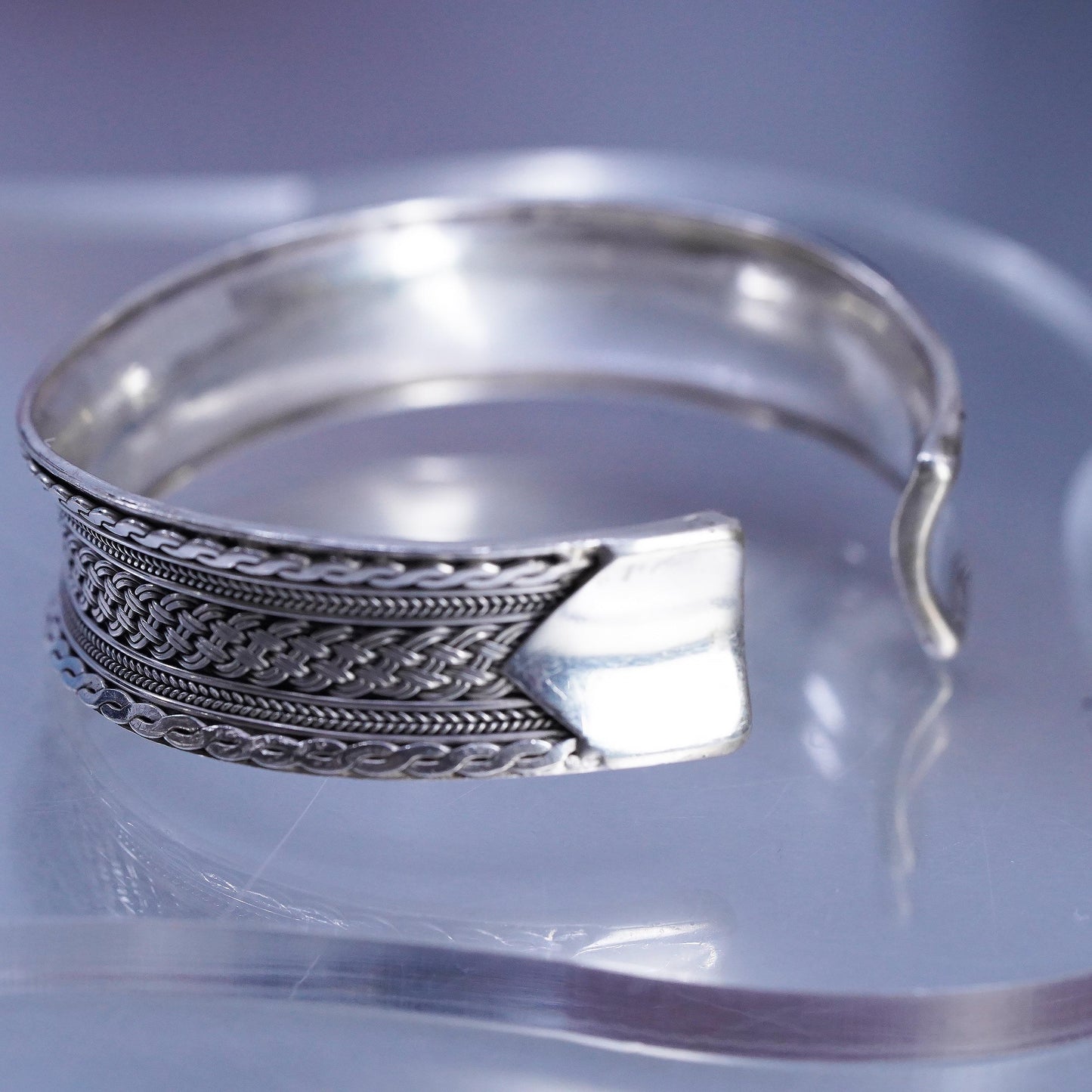 7", Vintage Thai 925 Sterling Silver Cuff Bracelet, Woven Braid Wide Bangle