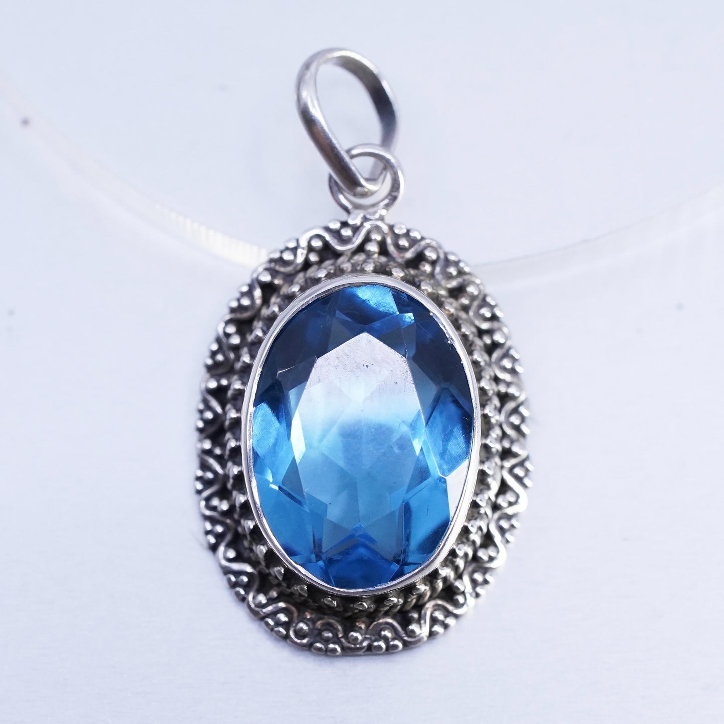 Sterling 925 Silver Blue Topaz Pendant, Oval Faceted Jewelry, Ornate Filigree
