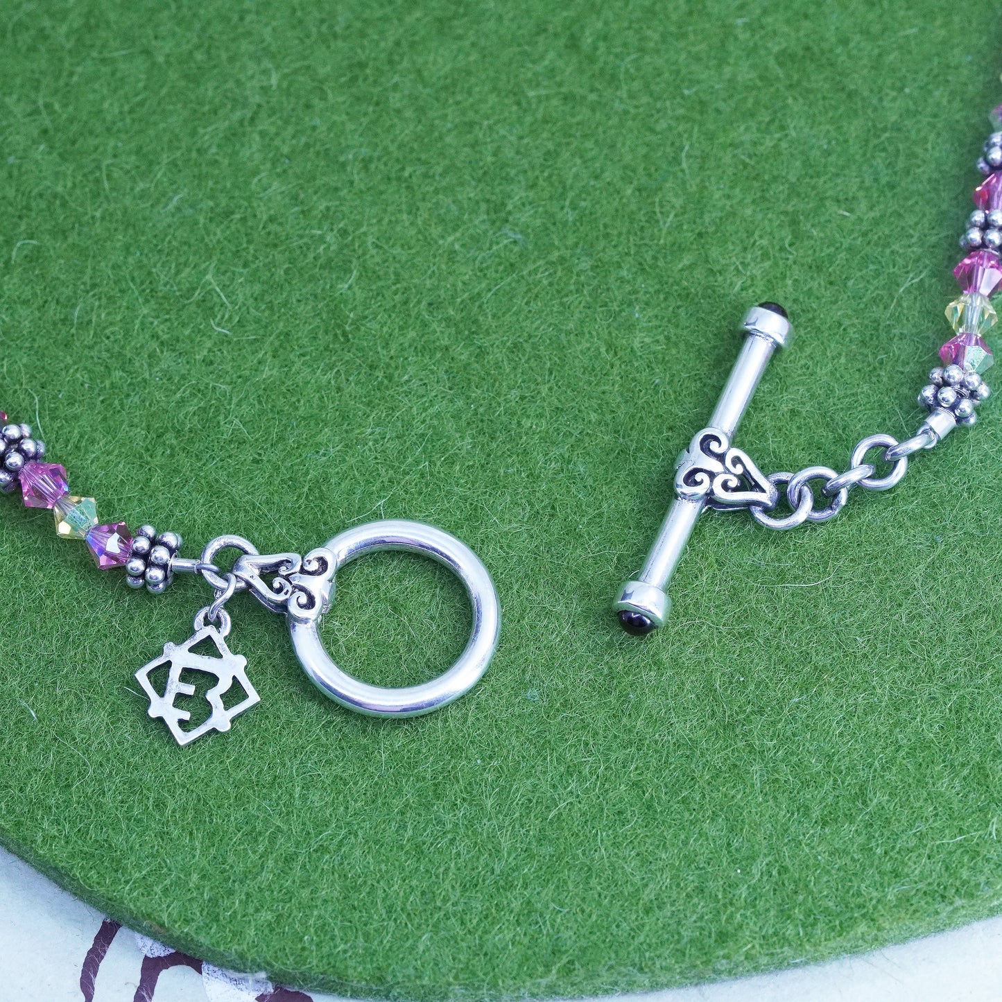 16", Vintage pink crystal breads necklace with Sterling silver toggle closure