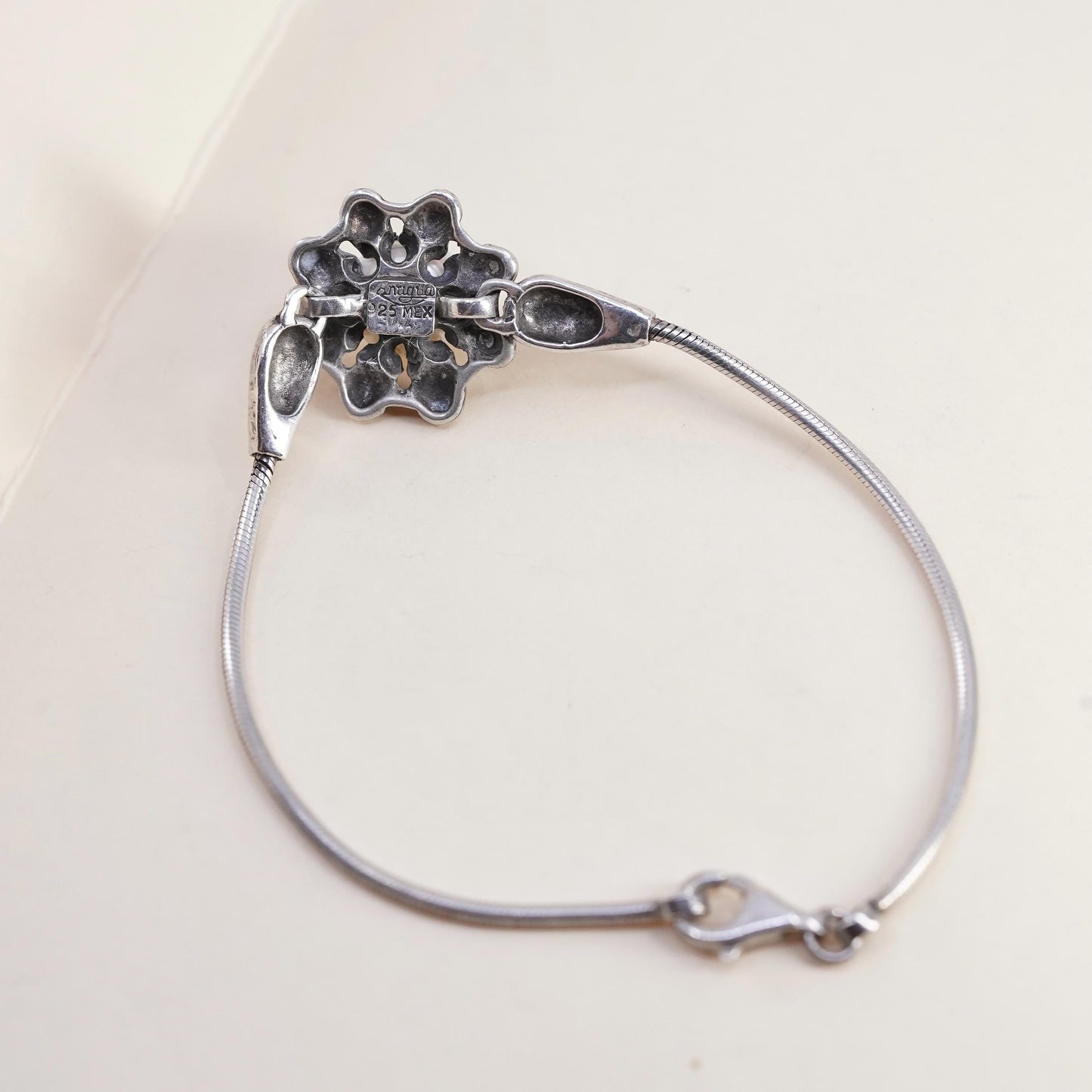 6.75”, Antigua Sterling silver bracelet, Mexican 925 snake chain pearl flower