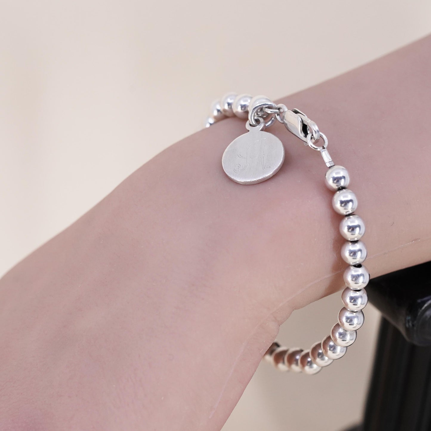 7” 5mm, Vintage sterling 925 silver bead bracelet tag charm engraved letter H