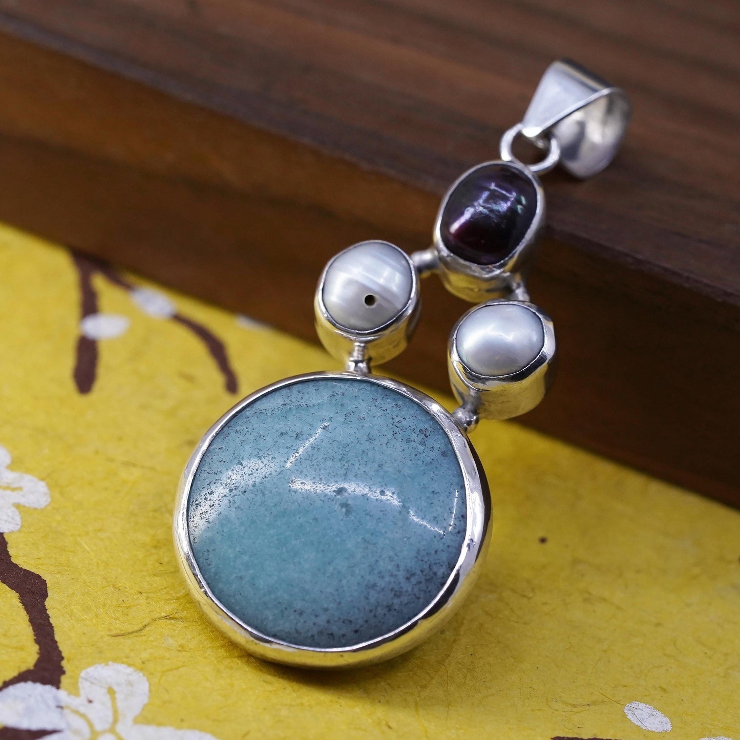 Vintage sterling silver pendant, southwestern 925 grapes with jade and pearls