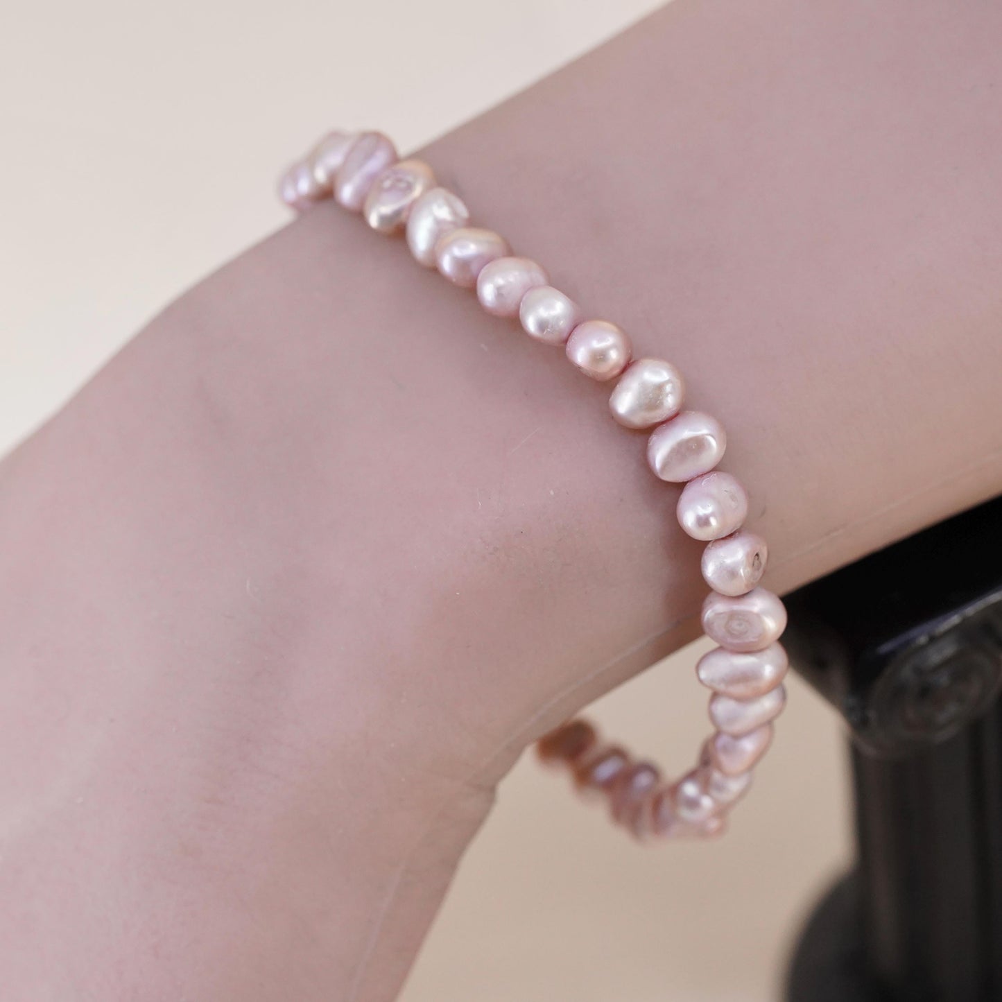 7.25” 5mm, Vintage handmade bracelet, pink freshwater pearl w/ 925 silver clasp