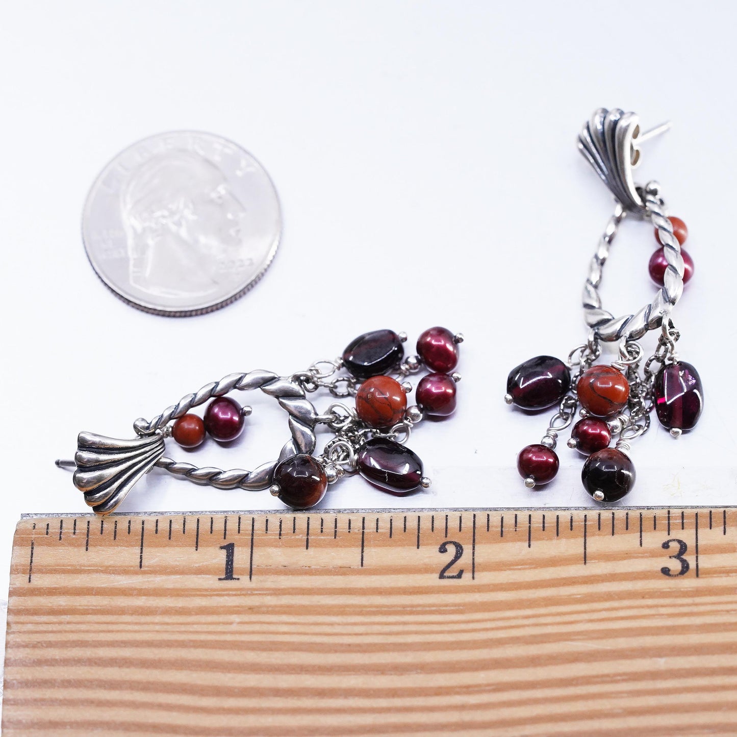 Carolyn Pollack 925 Sterling Silver Garnet Chandelier Earrings, Pearl Dangles
