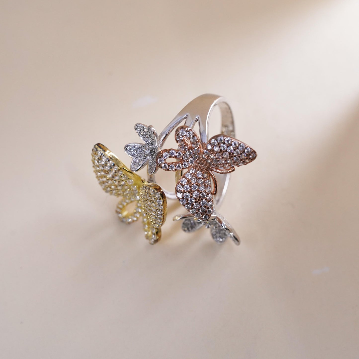Size 9, Vintage sterling silver handmade statement butterfly ring cluster cz
