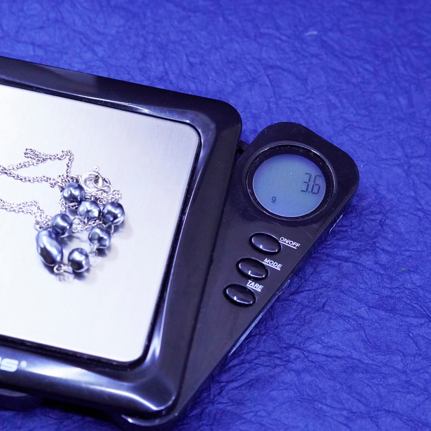 16”, vintage Sterling silver necklace, 925 circle chain w/ black pearl pendant