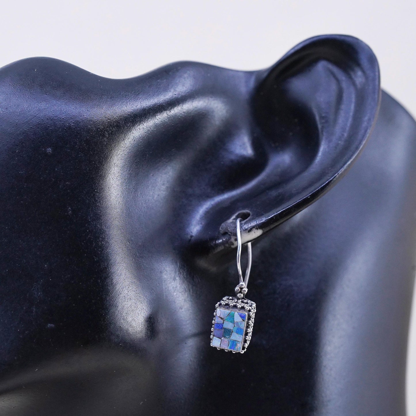 Vintage MNSN Sterling silver handmade mosaic earrings, rectangular dangles opal
