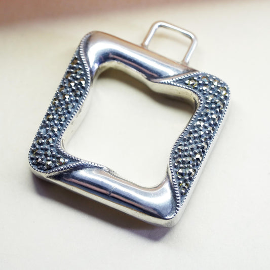 vintage sterling 925 silver handmade square pendant with cluster marcasite