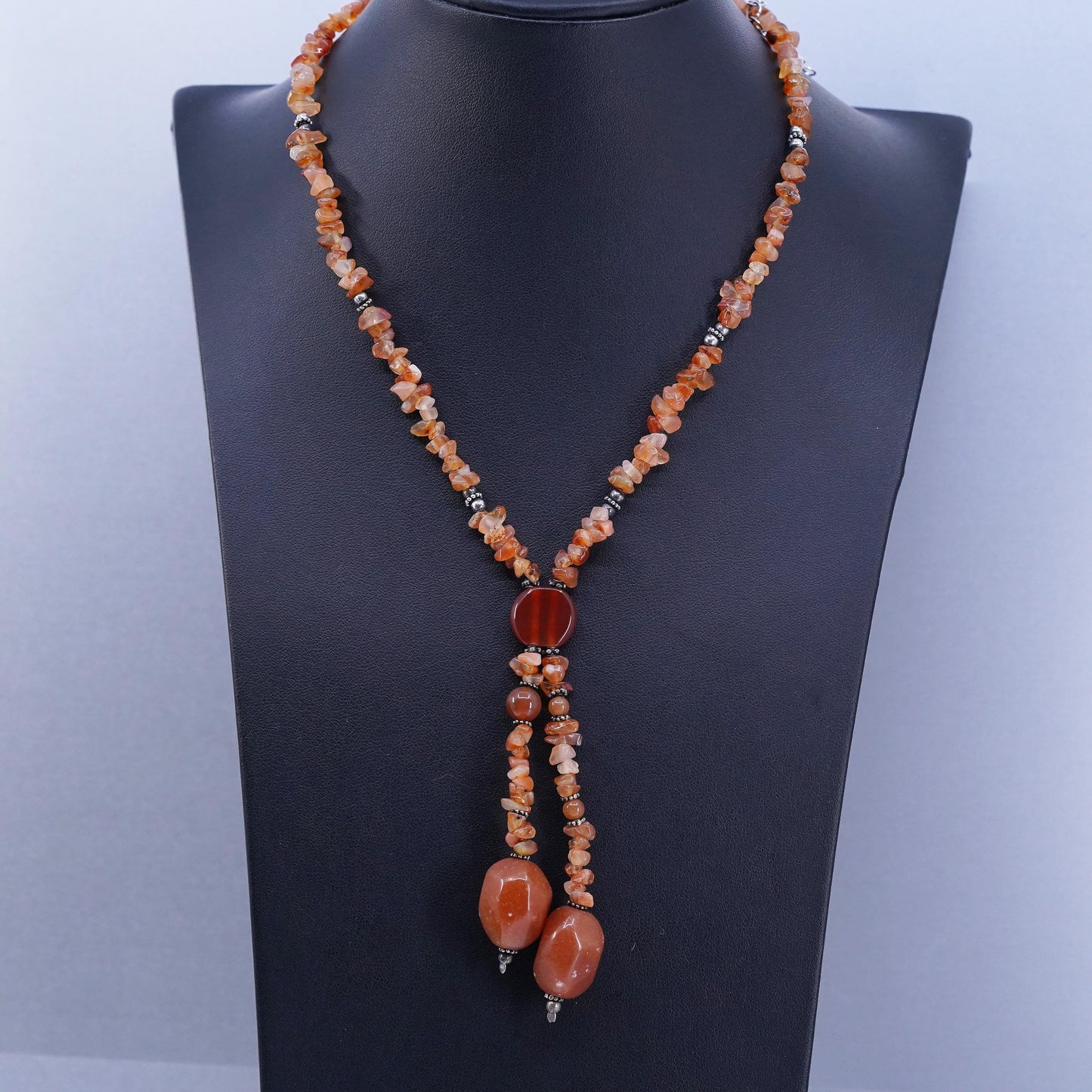 16+4”, vintage Sterling 925 silver handmade necklace with carnelian beads